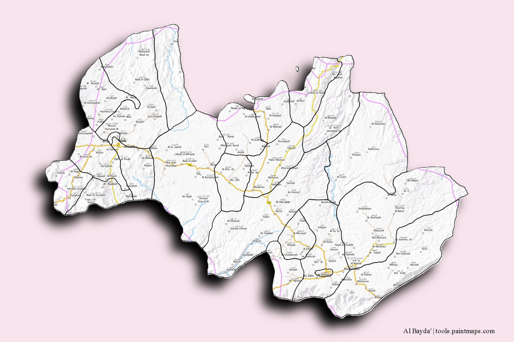 Mapa de Al Bayda' y sus distritos con efecto de sombra 3D