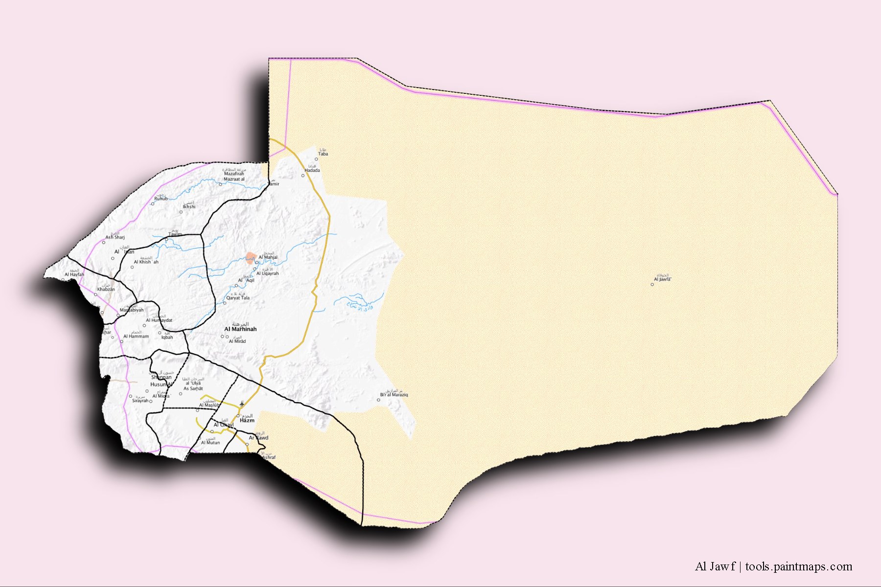 Mapa de Al Jawf y sus distritos con efecto de sombra 3D