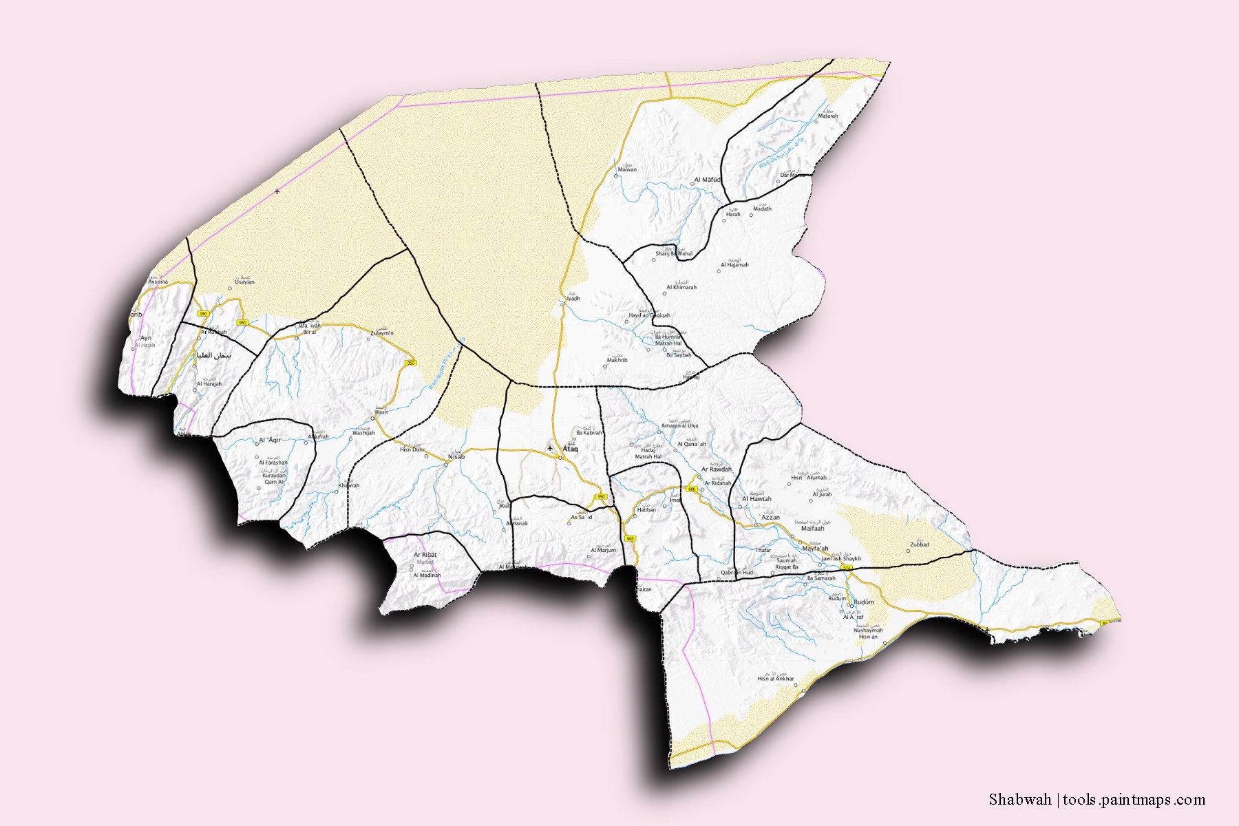 Shabwah and counties map with 3D shadow effect