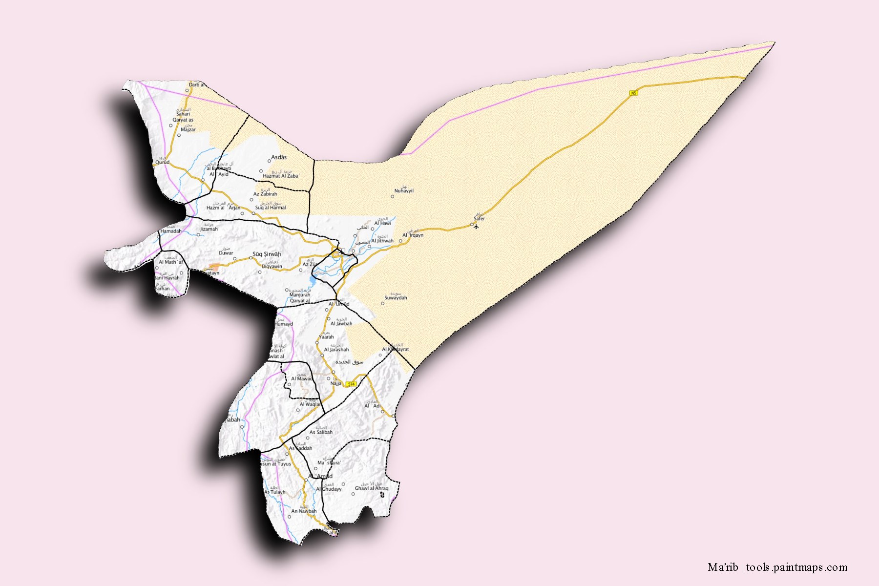 Ma'rib and counties map with 3D shadow effect