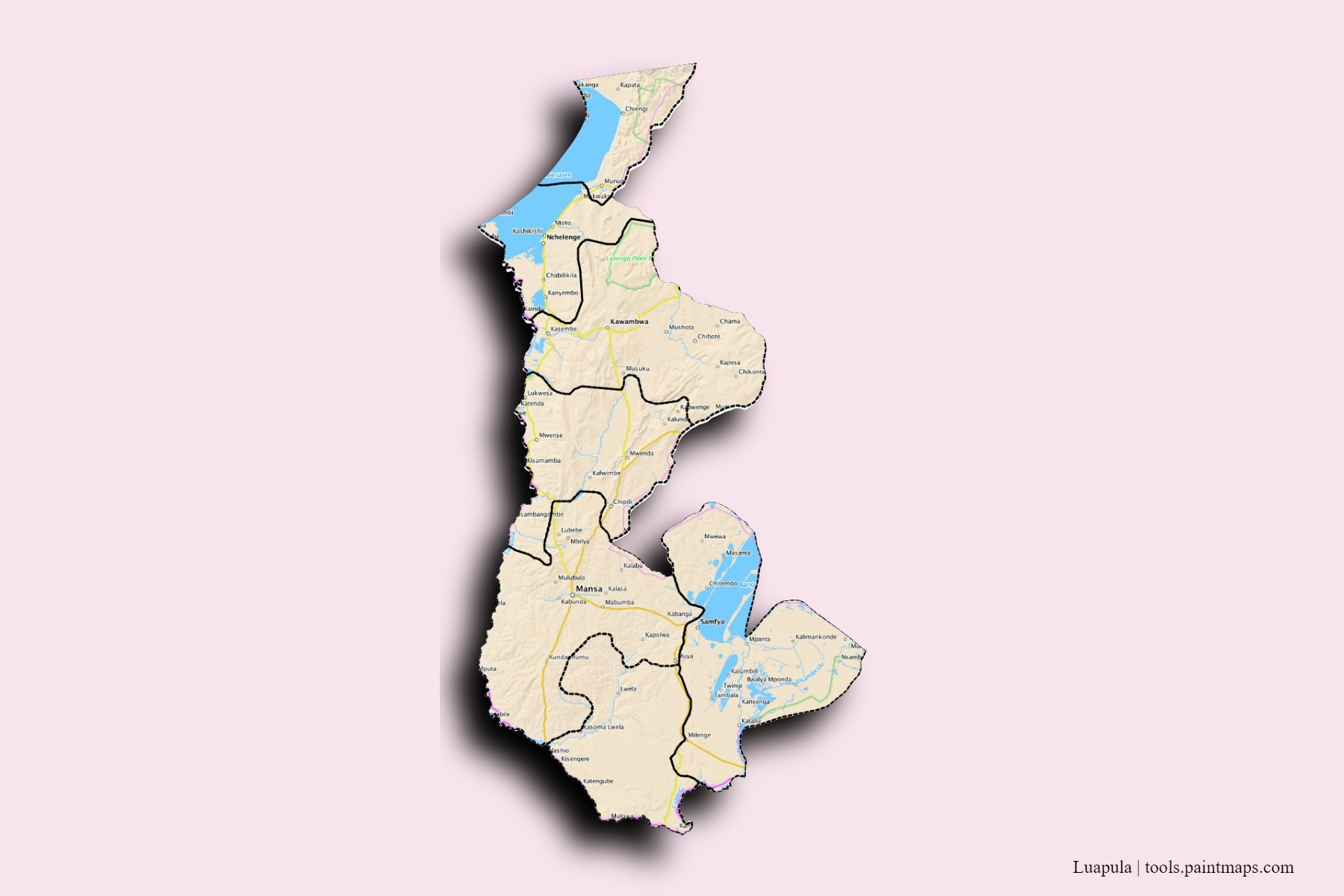 Luapula and counties map with 3D shadow effect