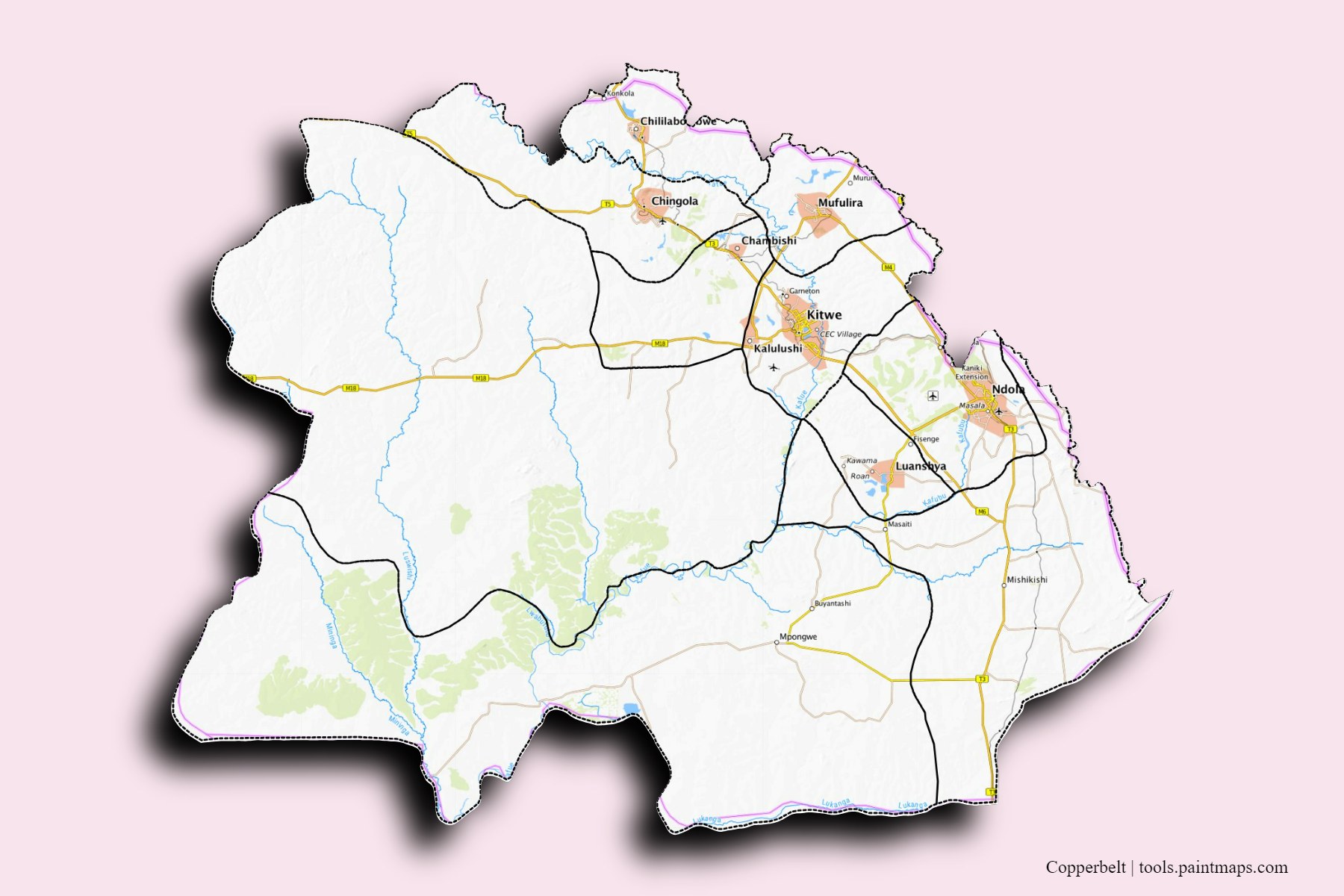 Copperbelt and counties map with 3D shadow effect