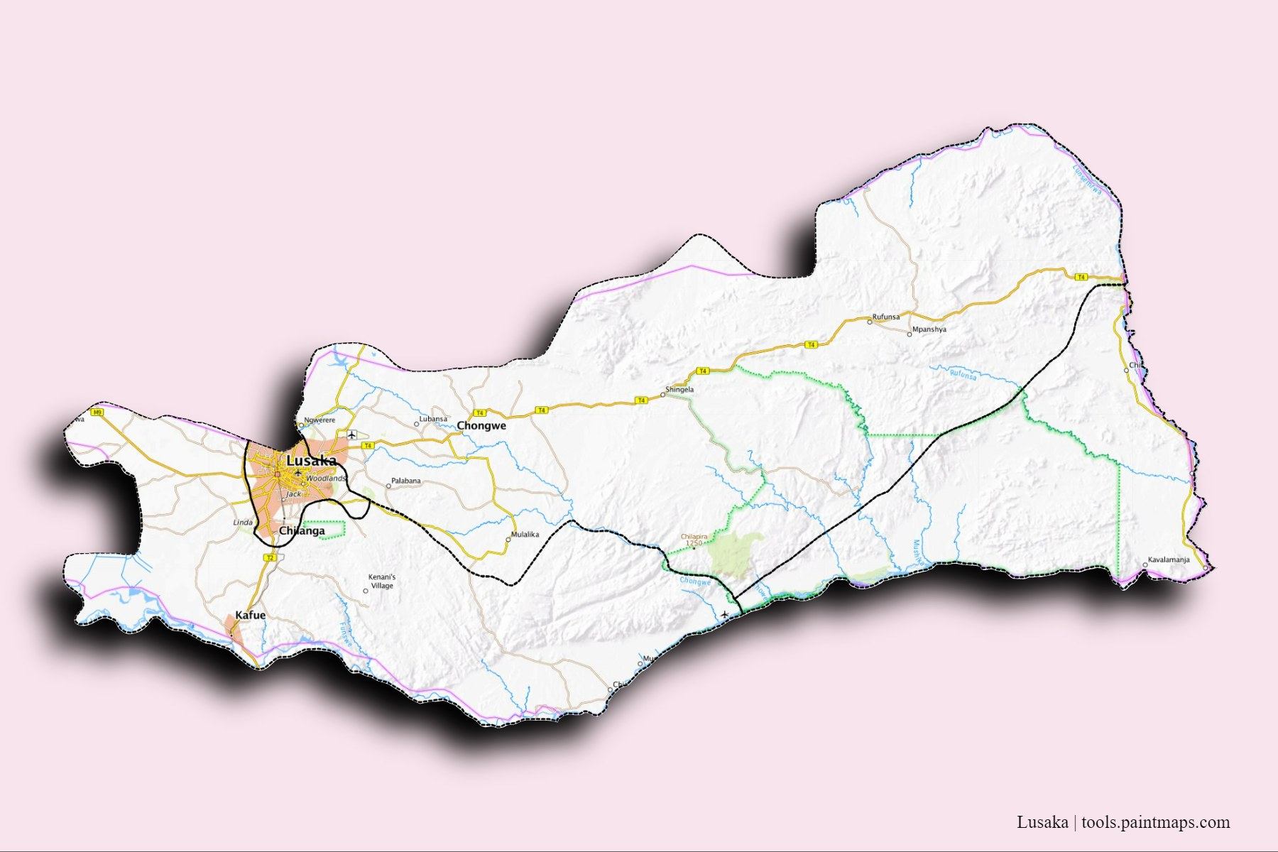 Mapa de Lusaka y sus distritos con efecto de sombra 3D