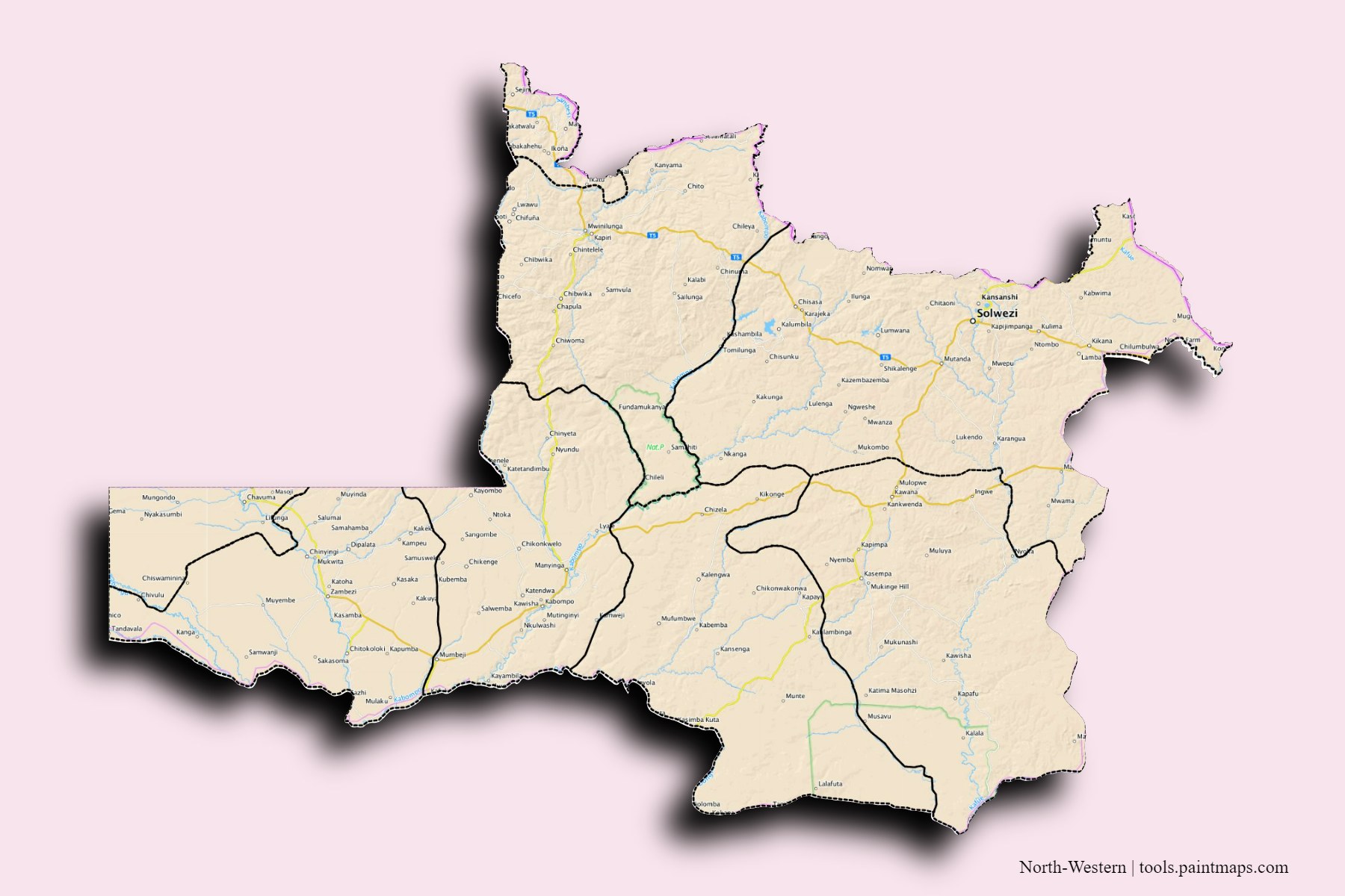 Mapa de North-Western y sus distritos con efecto de sombra 3D