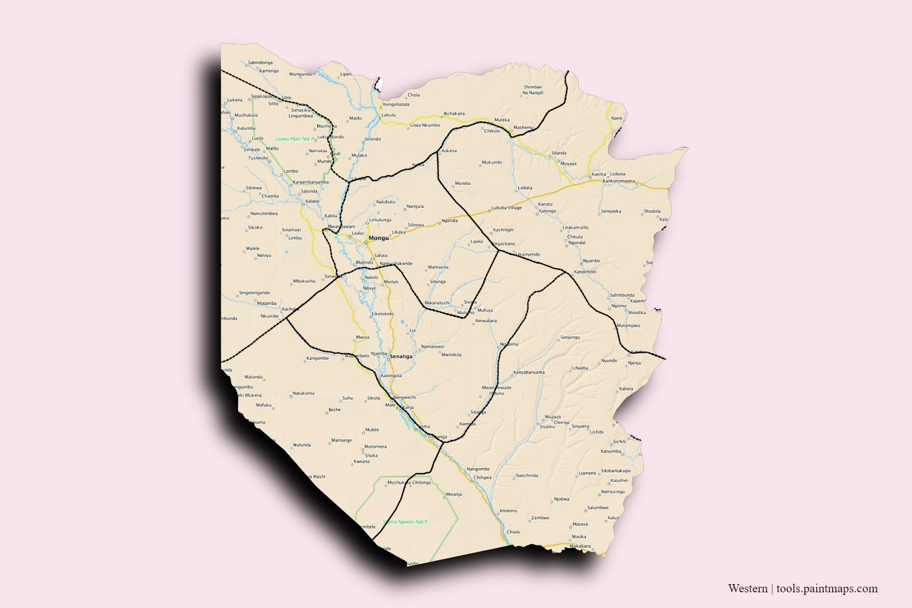 Western and counties map with 3D shadow effect