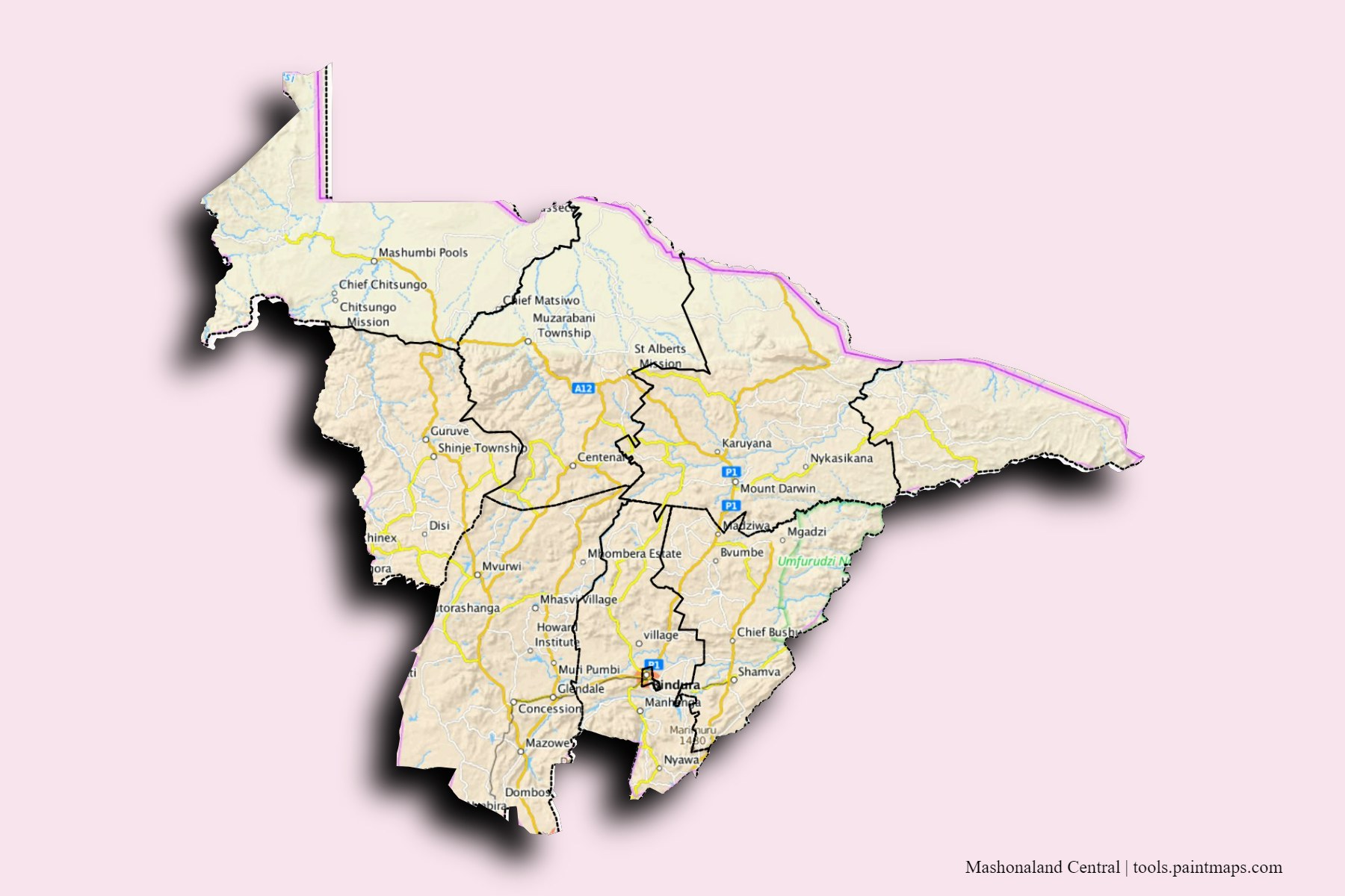 Mashonaland Central and counties map with 3D shadow effect