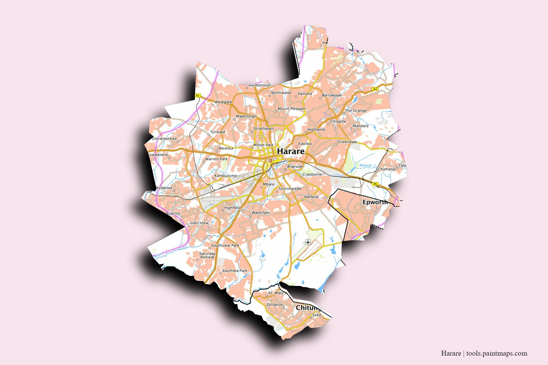 Mapa de Harare y sus distritos con efecto de sombra 3D