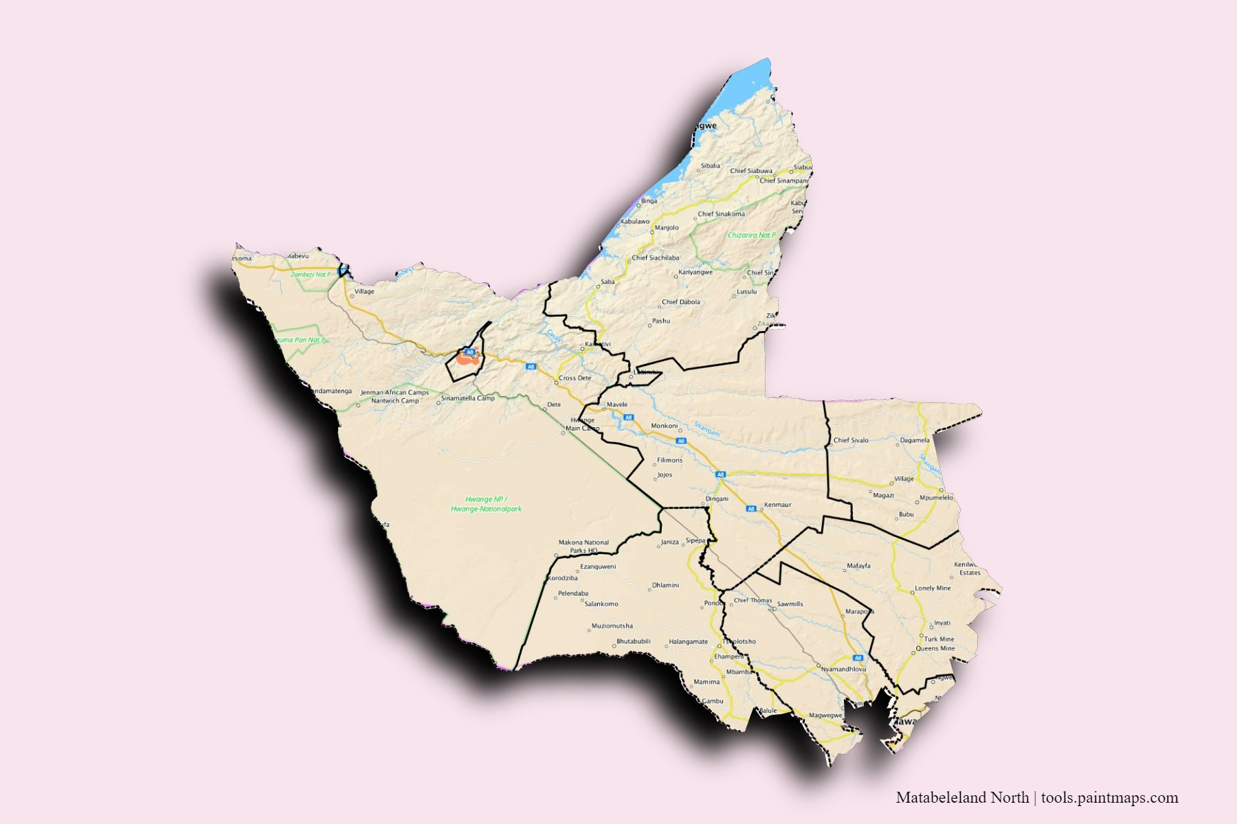 Mapa de Matabeleland North y sus distritos con efecto de sombra 3D