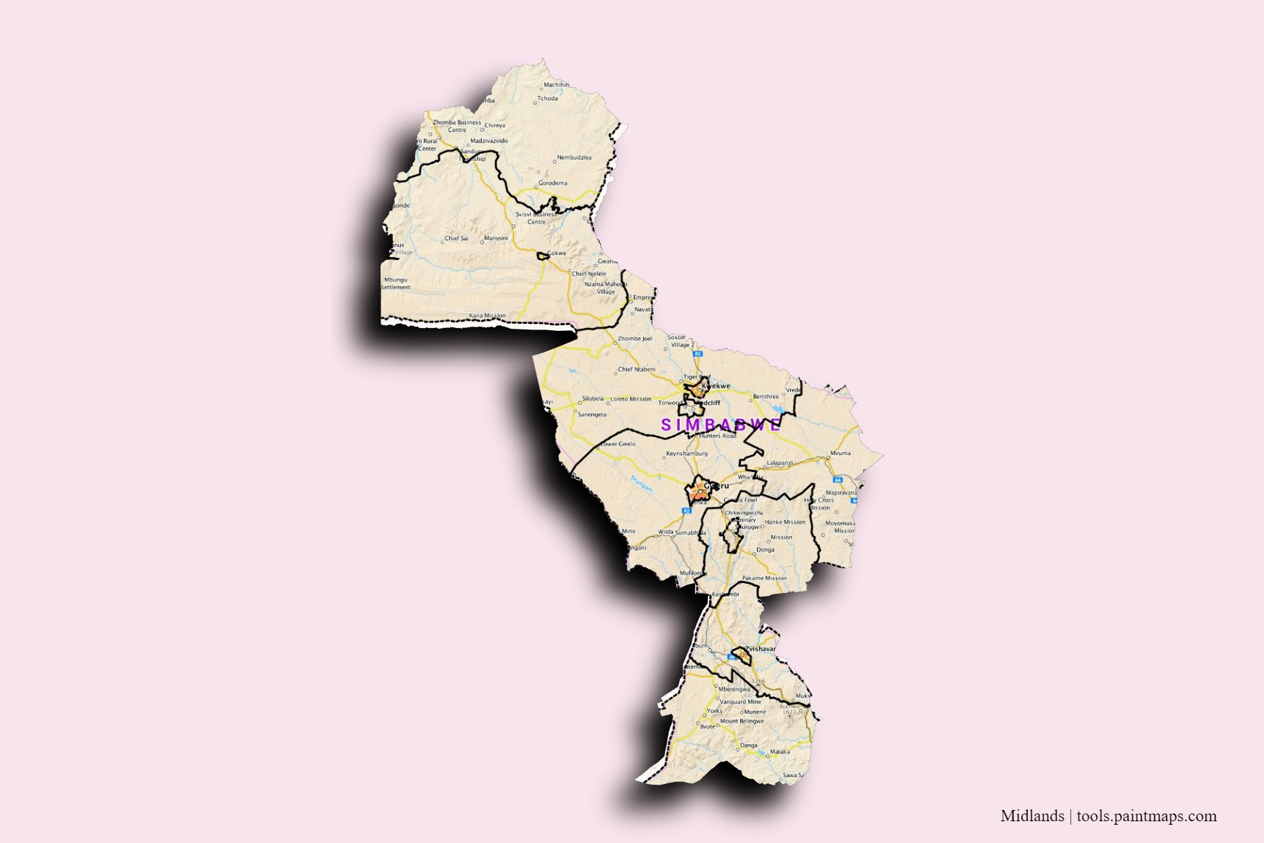 3D gölge efektli Midlands ve ilçeleri haritası