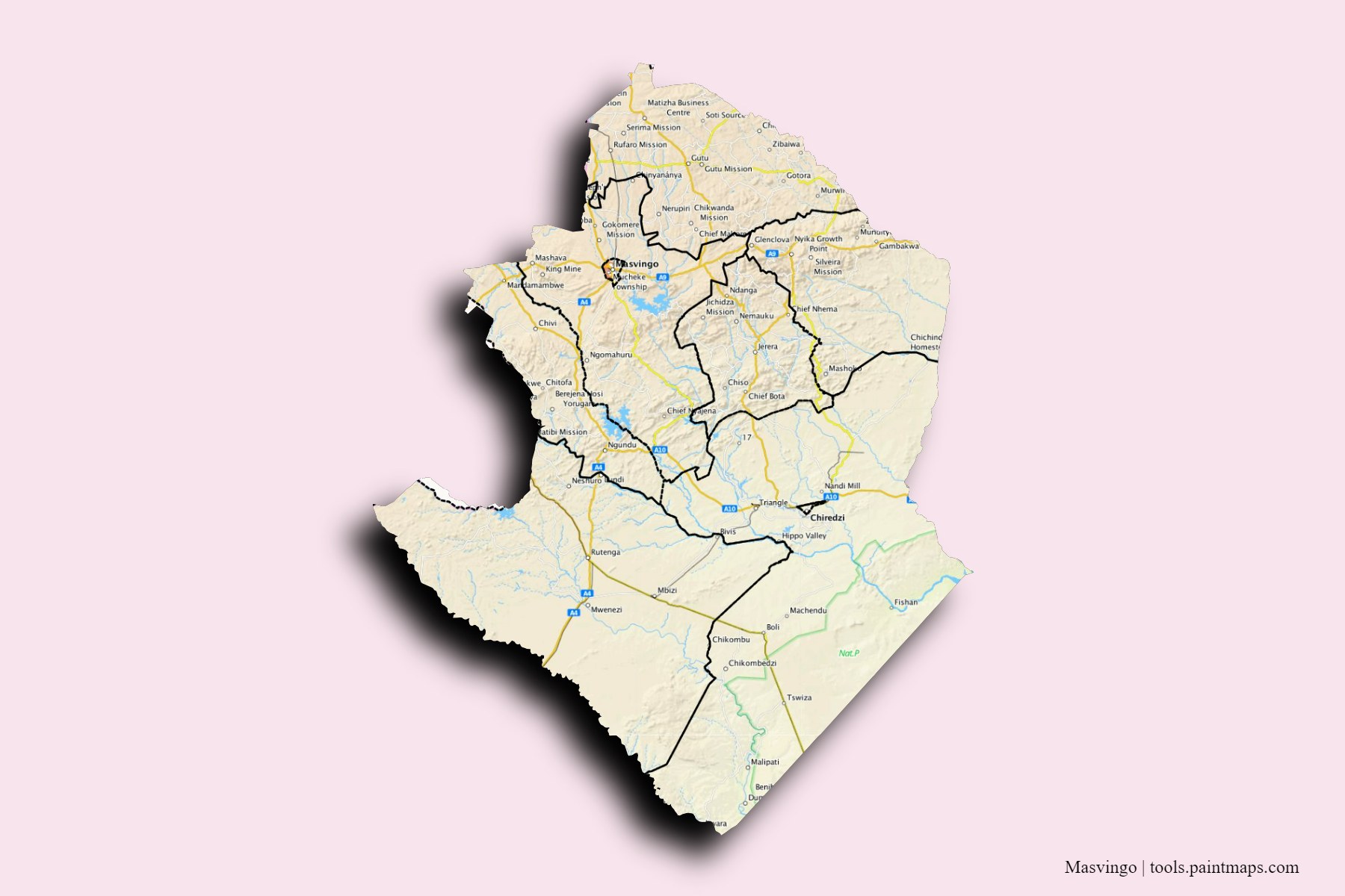 Masvingo and counties map with 3D shadow effect