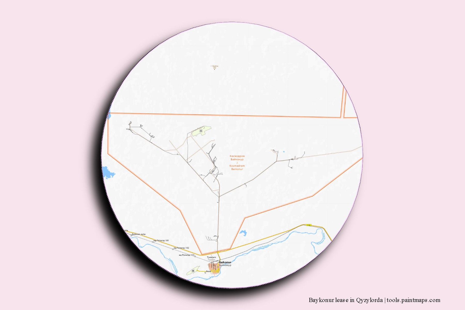 Mapa de Baykonur lease in Qyzylorda y sus distritos con efecto de sombra 3D