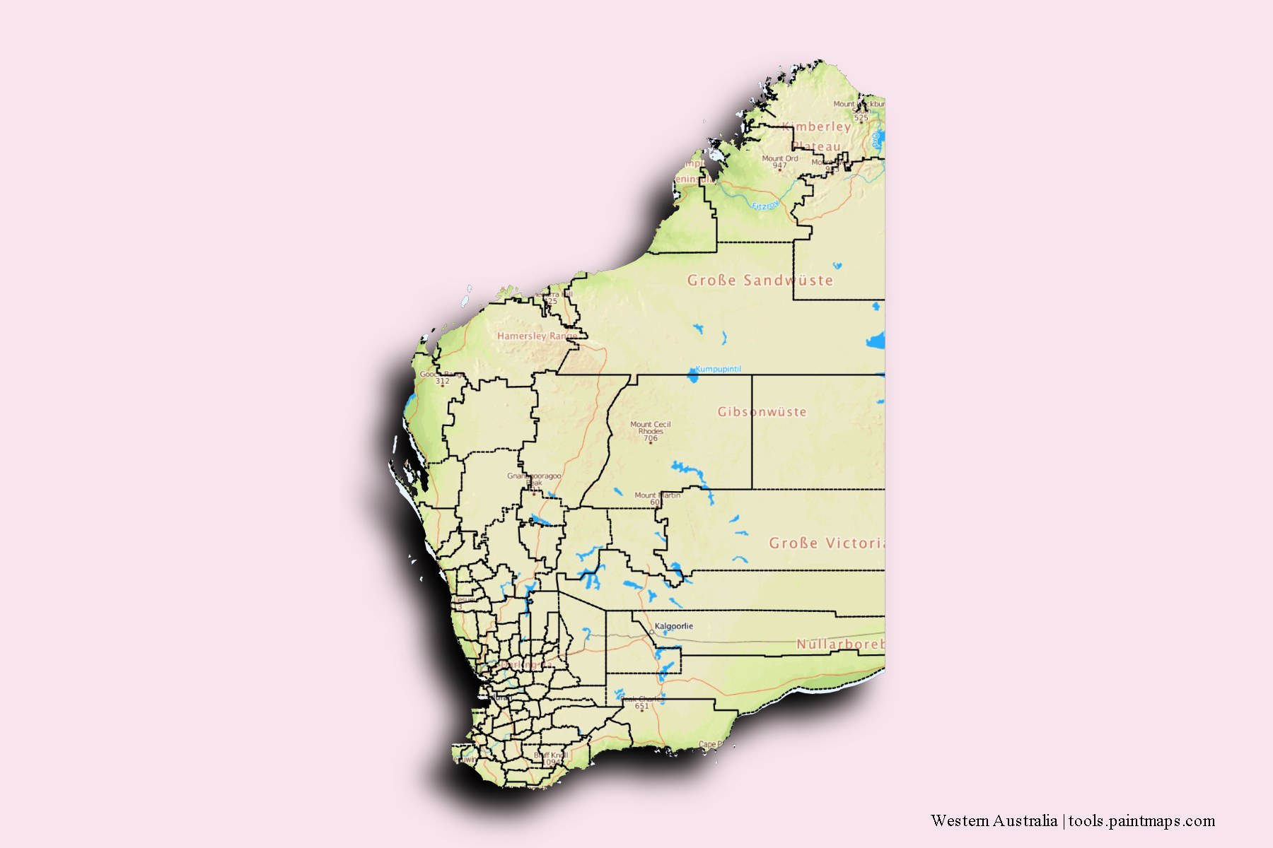 Western Australia and counties map with 3D shadow effect