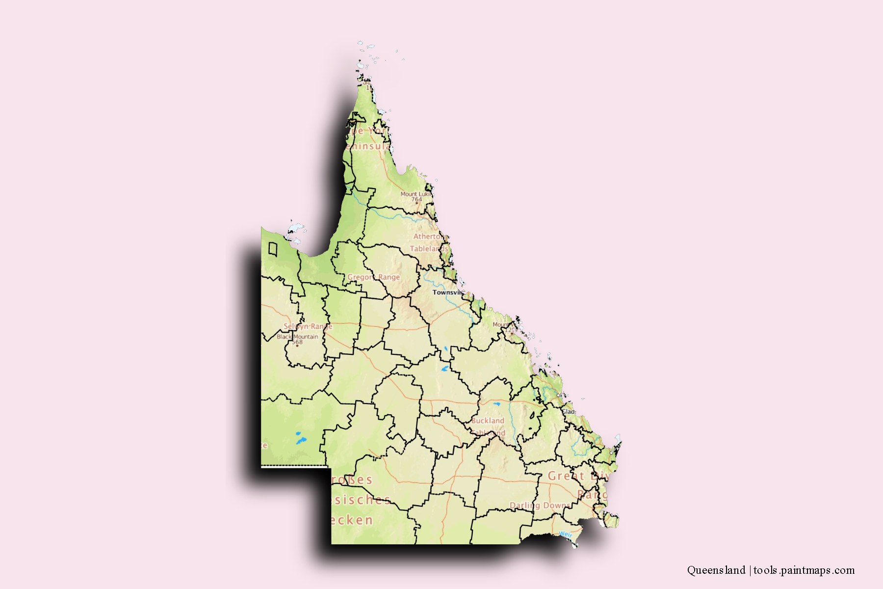 Mapa de Queensland y sus distritos con efecto de sombra 3D