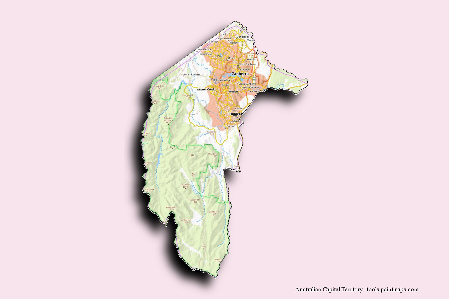 Australian Capital Territory and counties map with 3D shadow effect