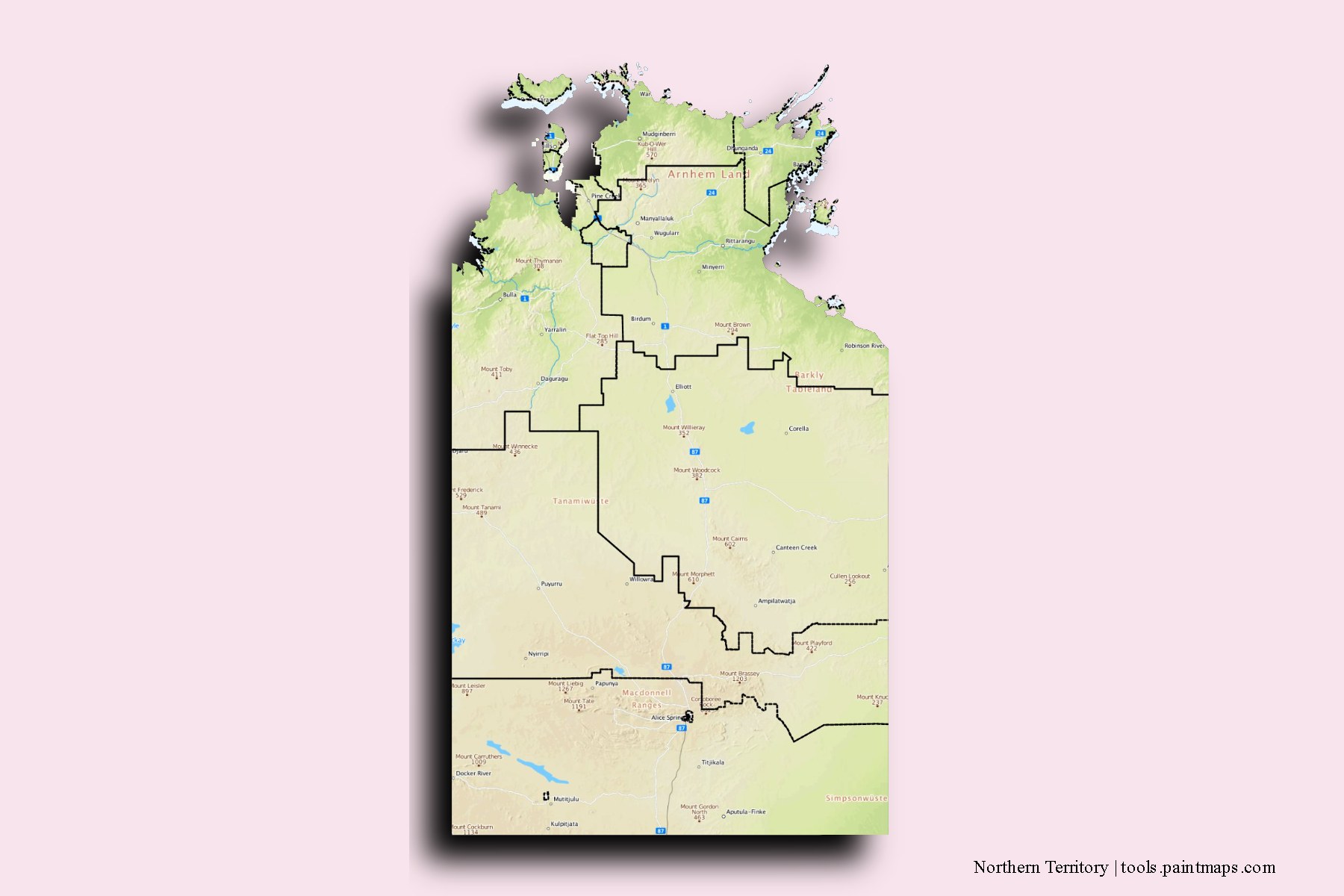 Northern Territory and counties map with 3D shadow effect