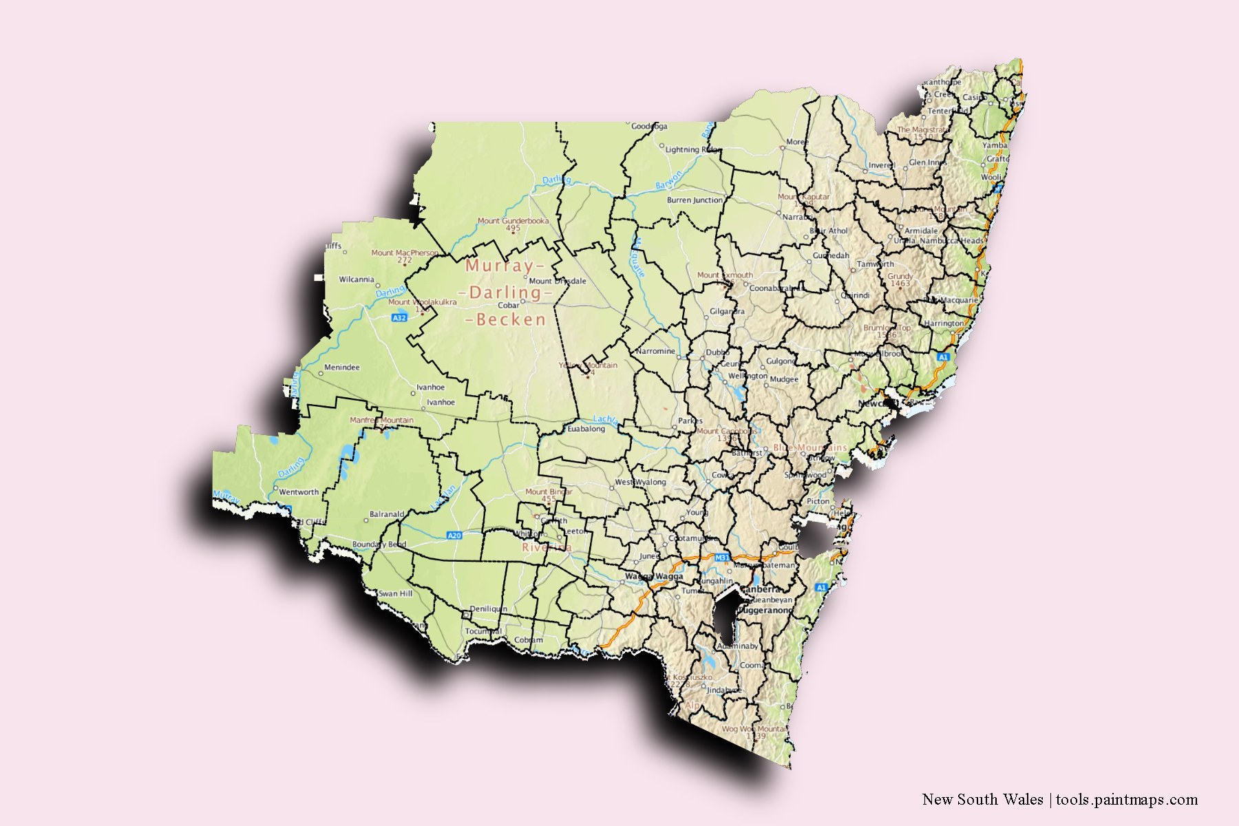 New South Wales and counties map with 3D shadow effect