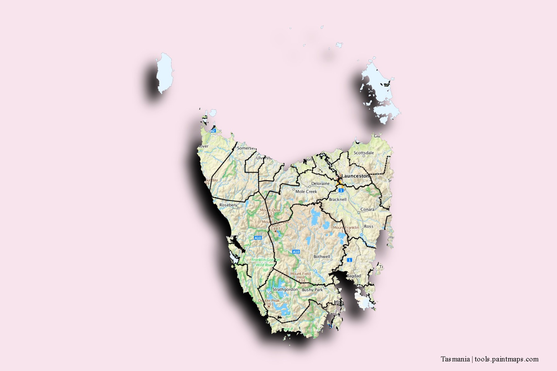 Mapa de Tasmania y sus distritos con efecto de sombra 3D