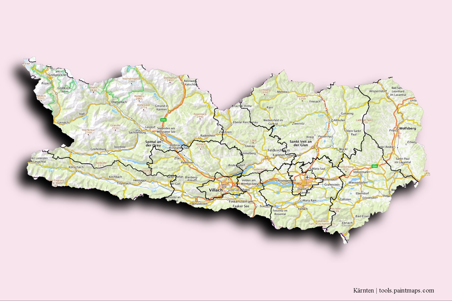 Mapa de Kärnten y sus distritos con efecto de sombra 3D