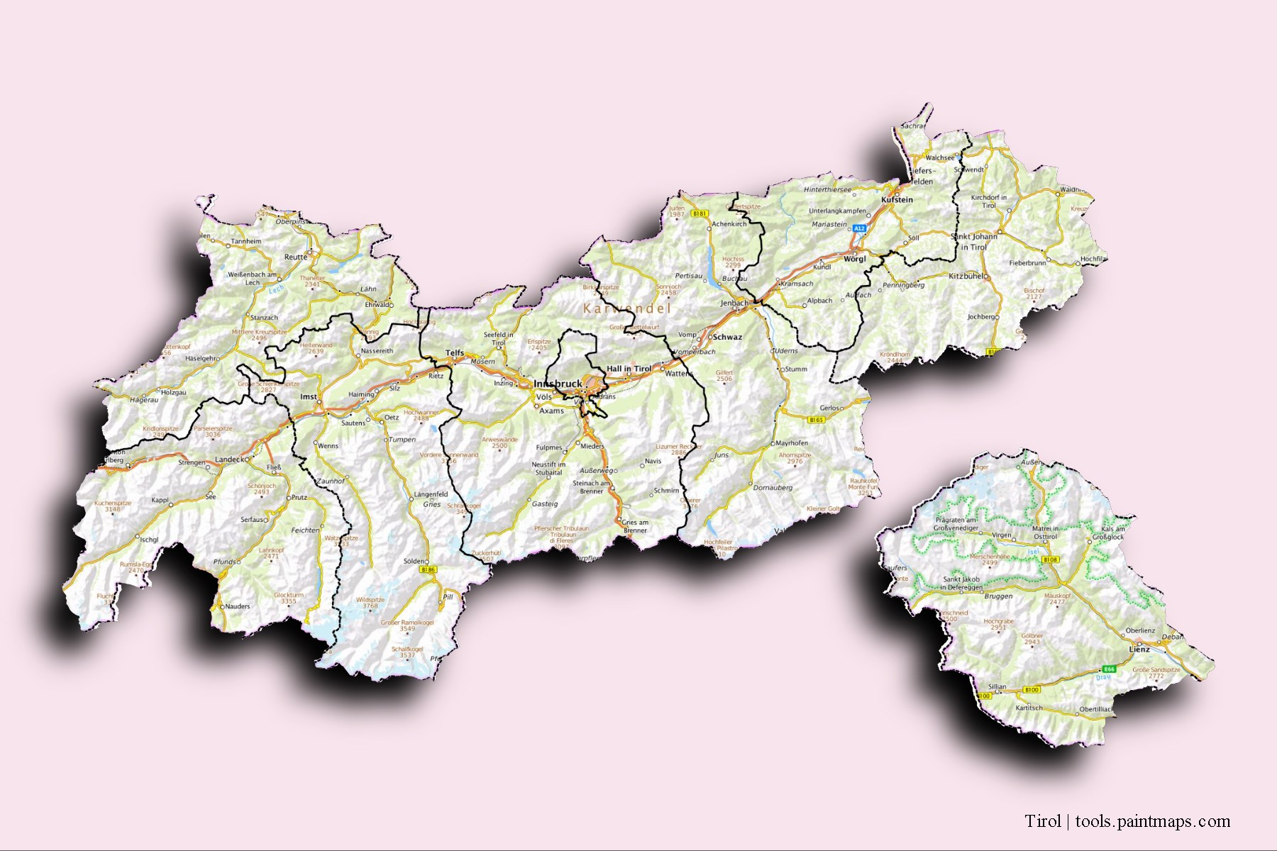 Tyrol and counties map with 3D shadow effect