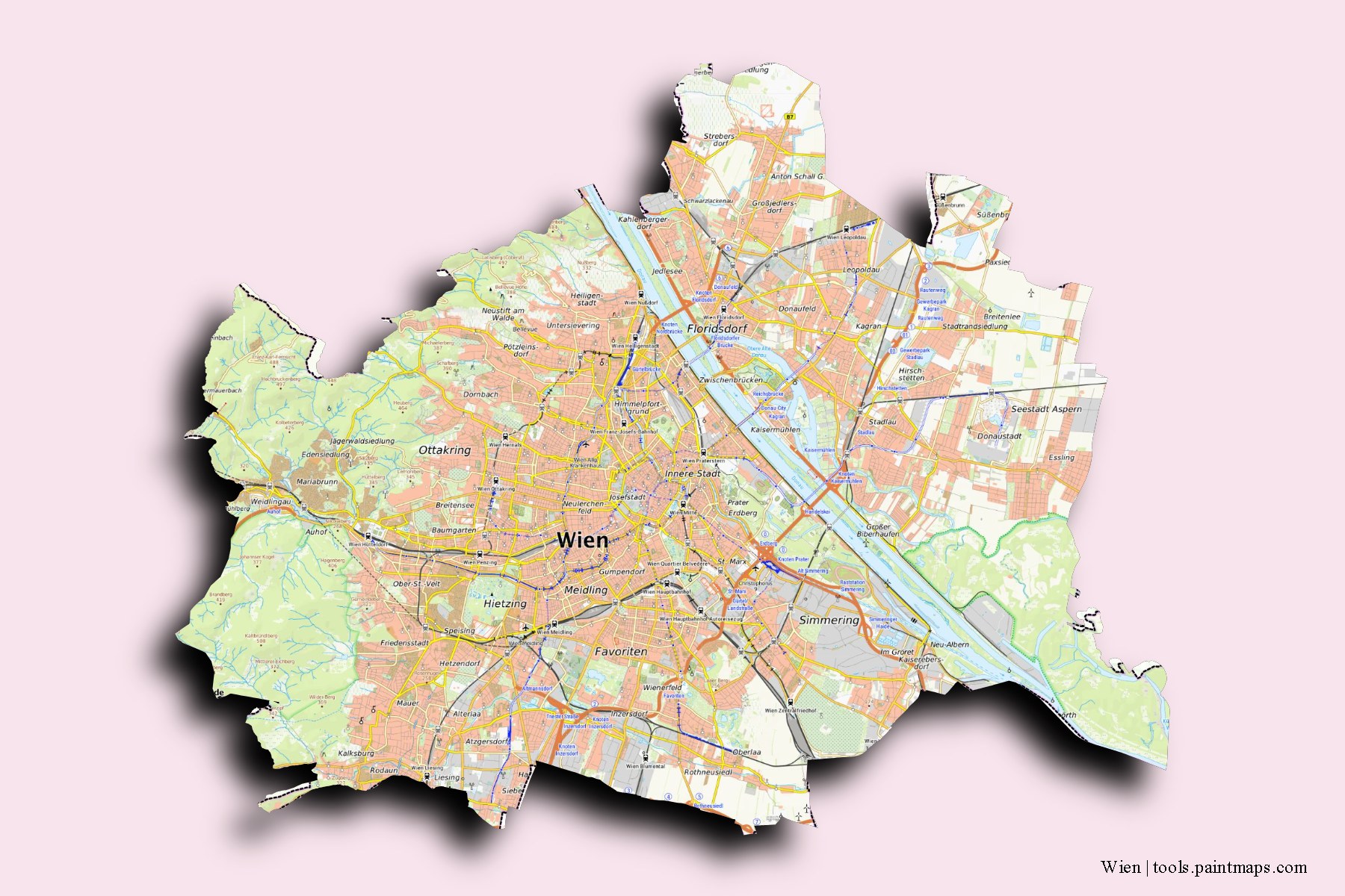 3D gölge efektli Viyana ve ilçeleri haritası