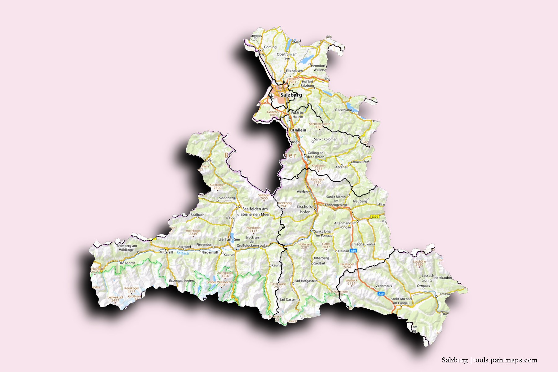 Mapa de Salzburg y sus distritos con efecto de sombra 3D