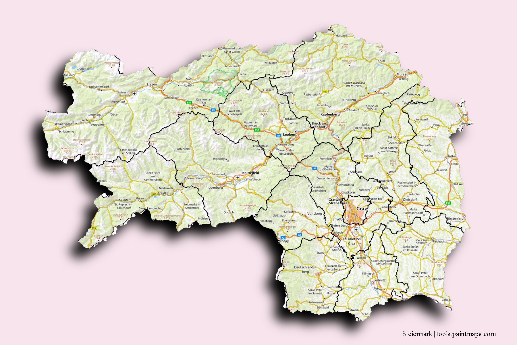 Styria and counties map with 3D shadow effect