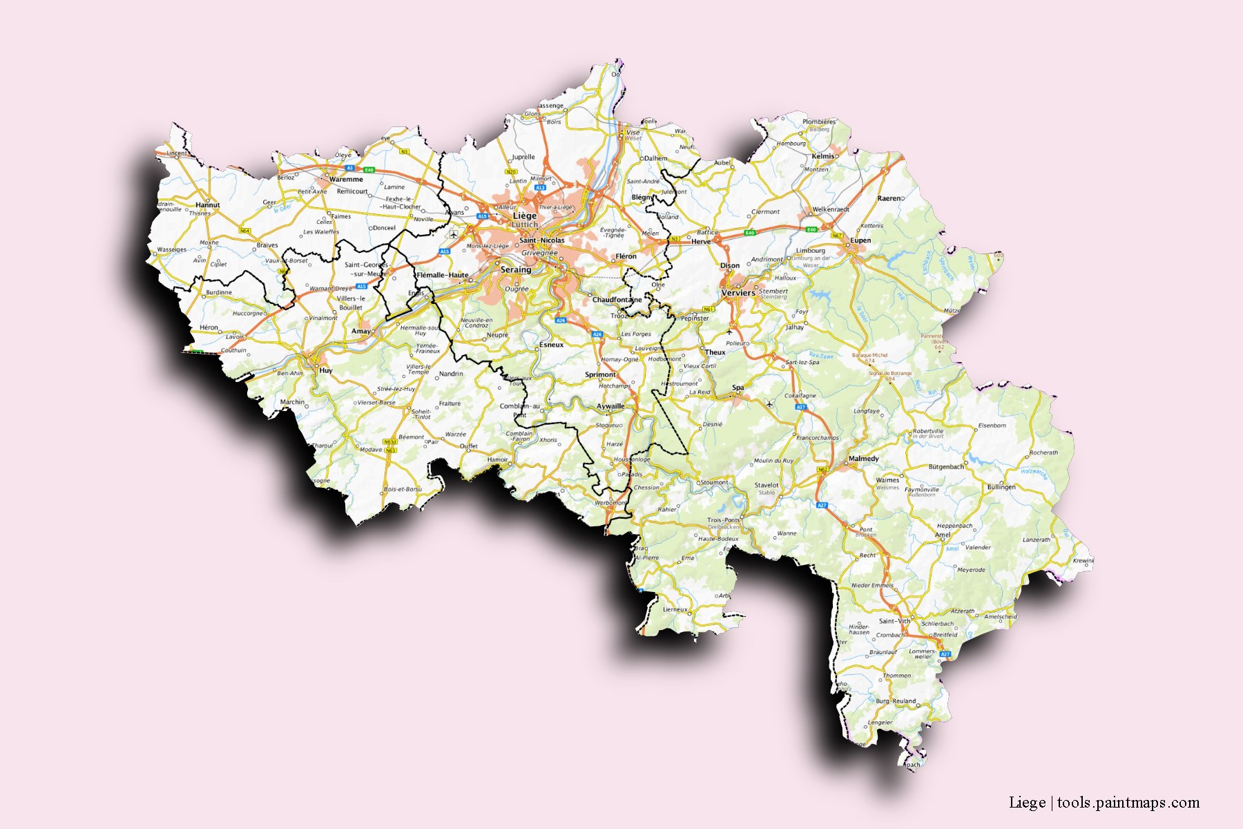 3D gölge efektli Liege ve ilçeleri haritası