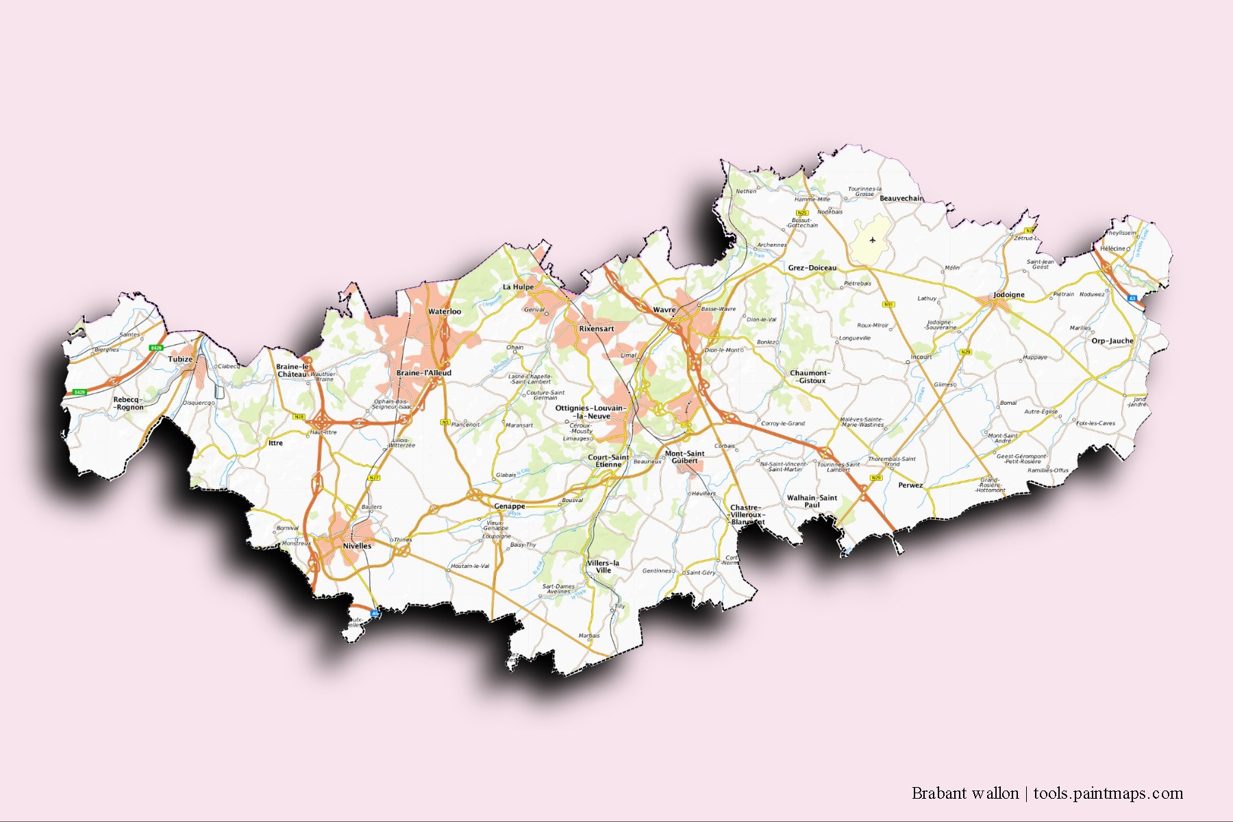 3D gölge efektli Brabant wallon ve ilçeleri haritası