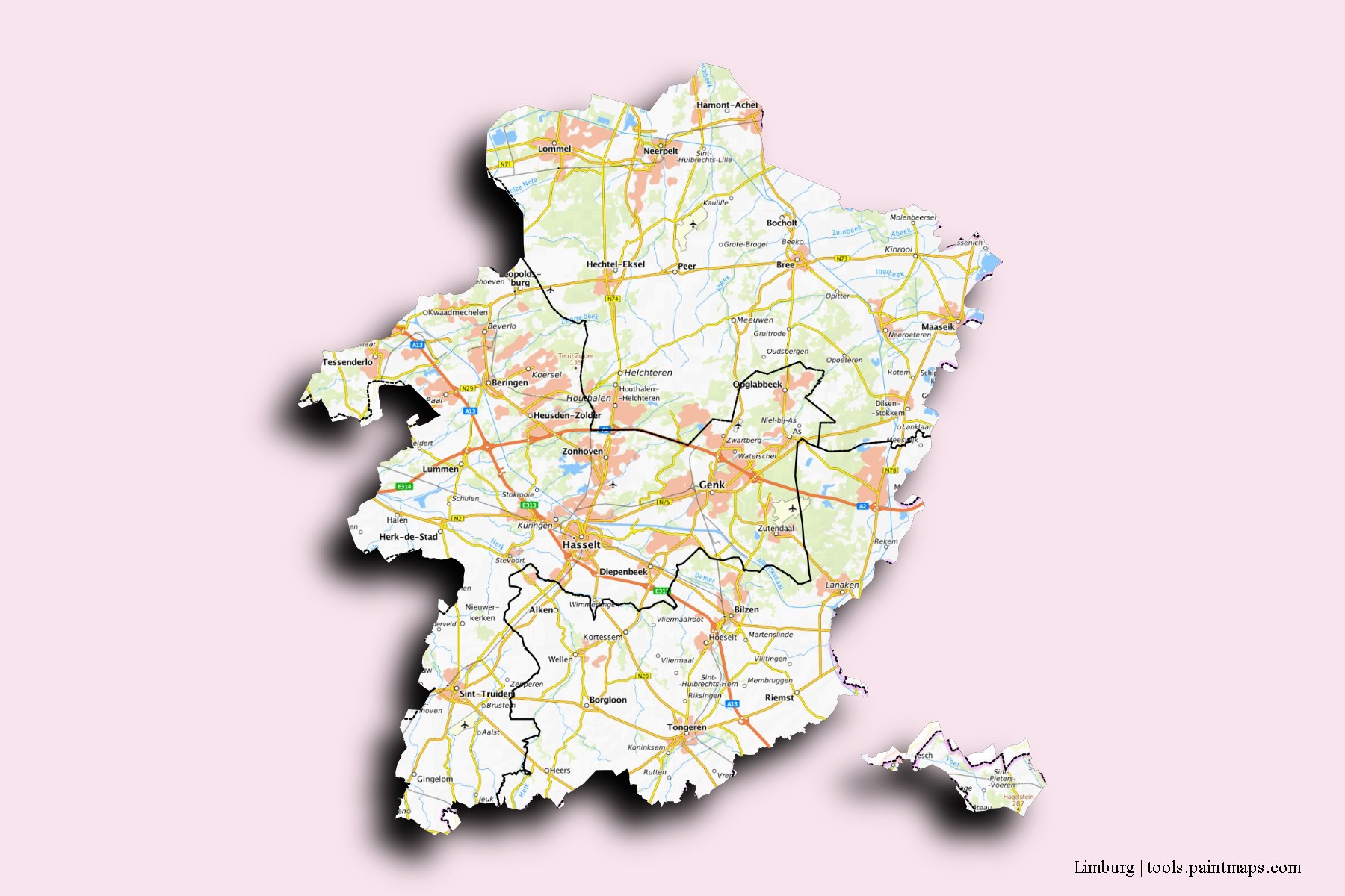 3D gölge efektli Limburg ve ilçeleri haritası