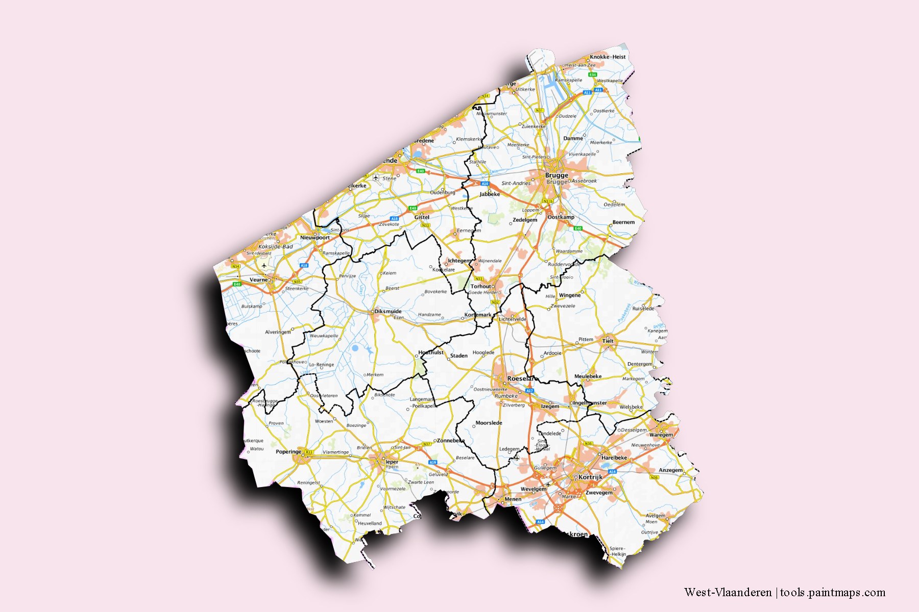 3D gölge efektli West-Vlaanderen ve ilçeleri haritası