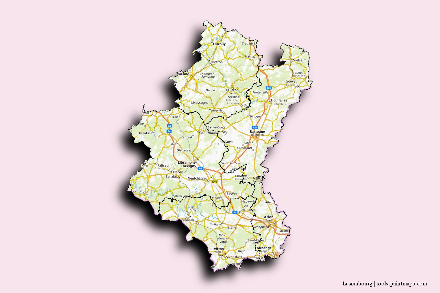 Luxembourg and counties map with 3D shadow effect