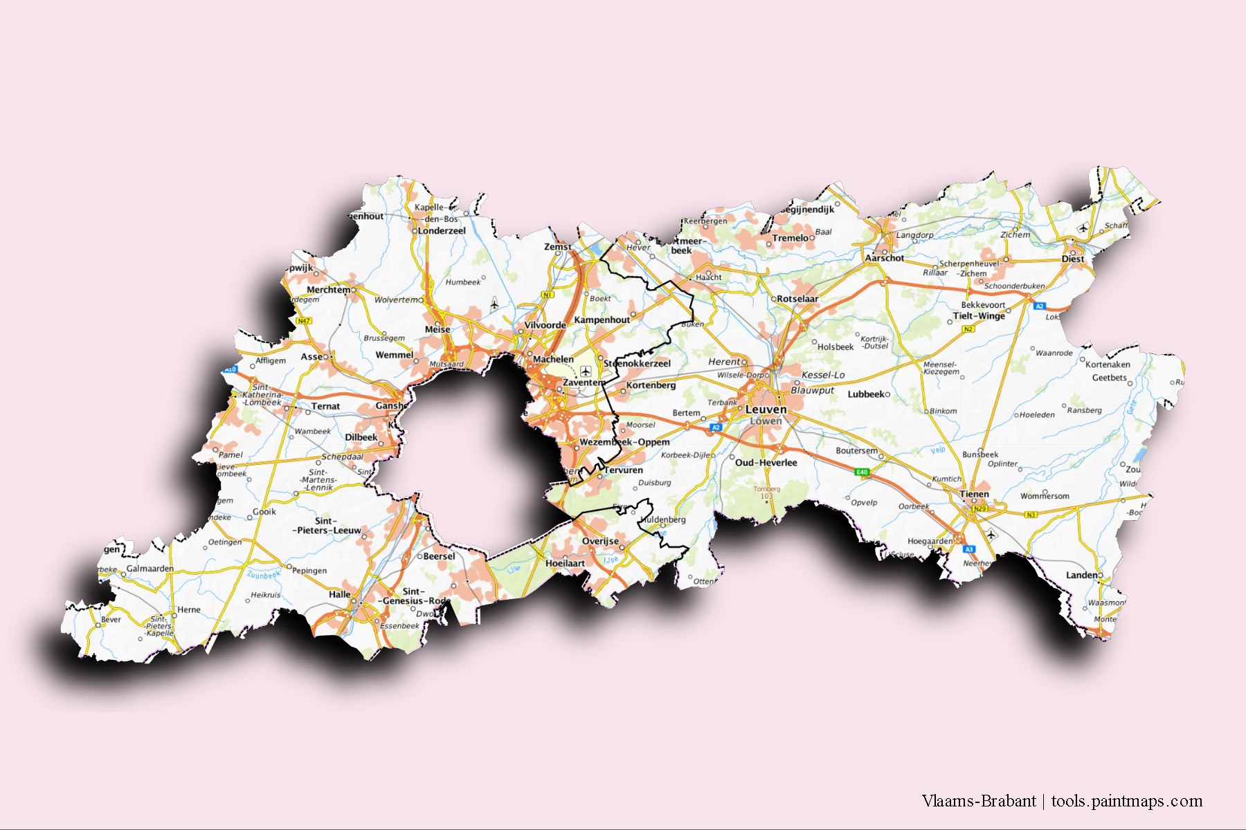 Mapa de Vlaams-Brabant y sus distritos con efecto de sombra 3D