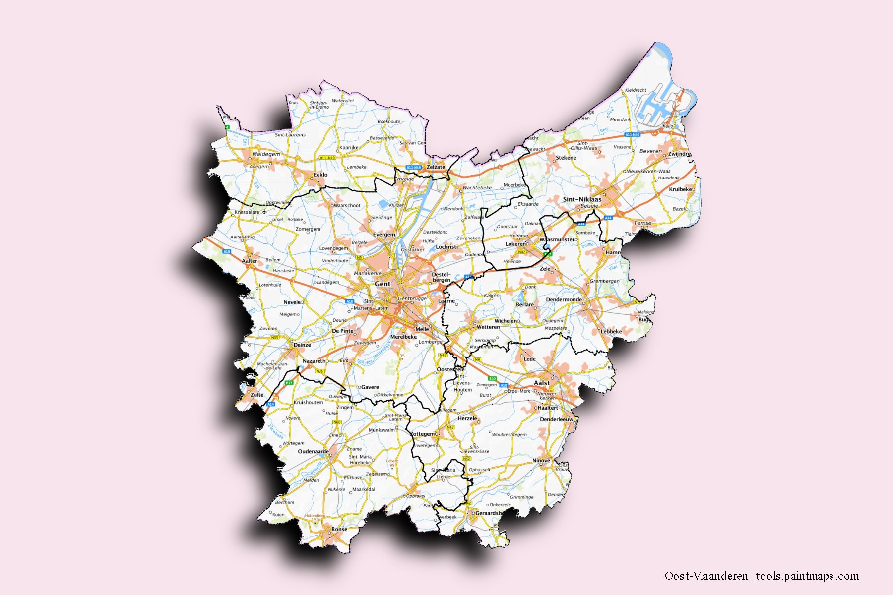 Mapa de Oost-Vlaanderen y sus distritos con efecto de sombra 3D