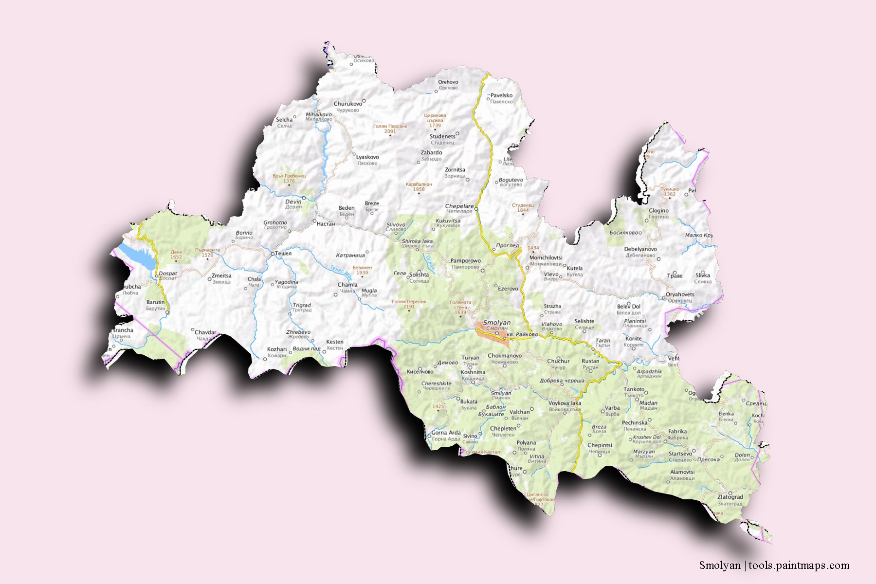 Mapa de Smolyan y sus distritos con efecto de sombra 3D