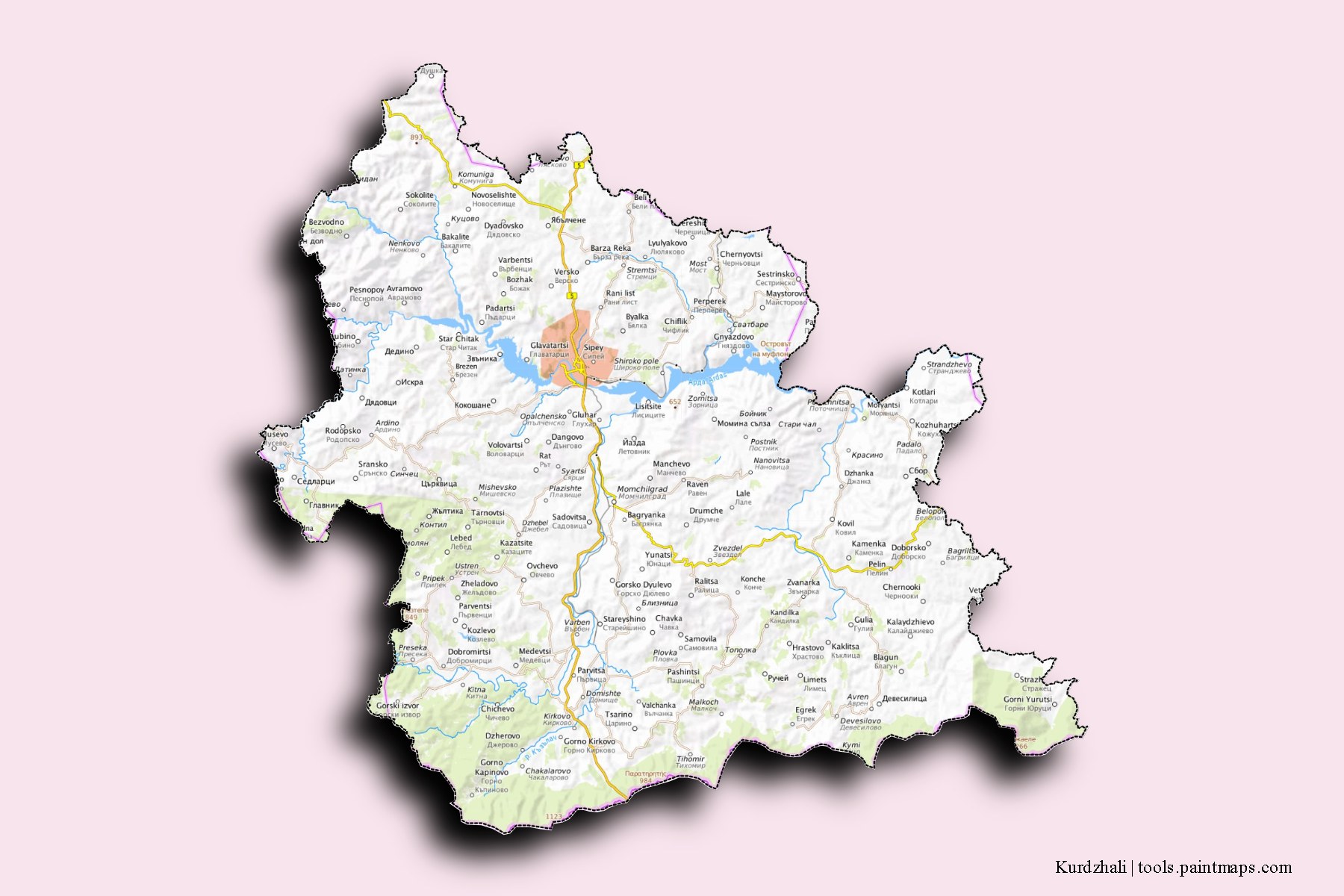 Kurdzhali and counties map with 3D shadow effect