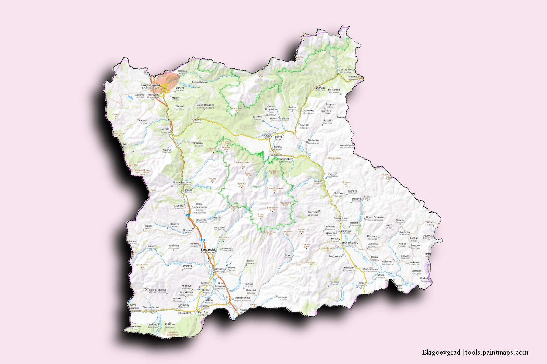 Blagoevgrad and counties map with 3D shadow effect