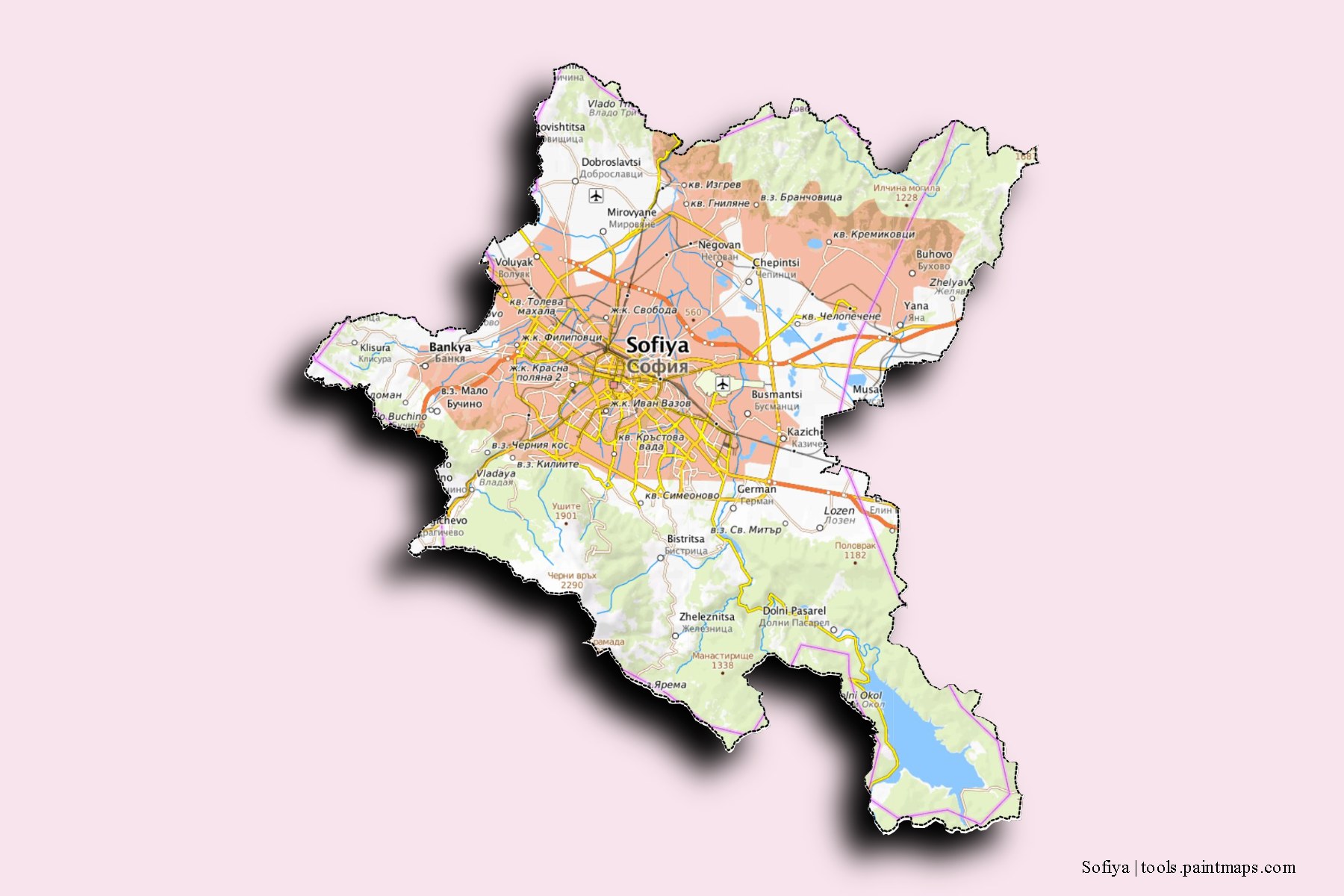 Mapa de Sofiya y sus distritos con efecto de sombra 3D