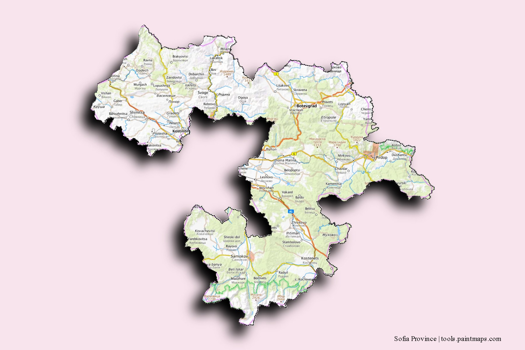 Sofia and counties map with 3D shadow effect