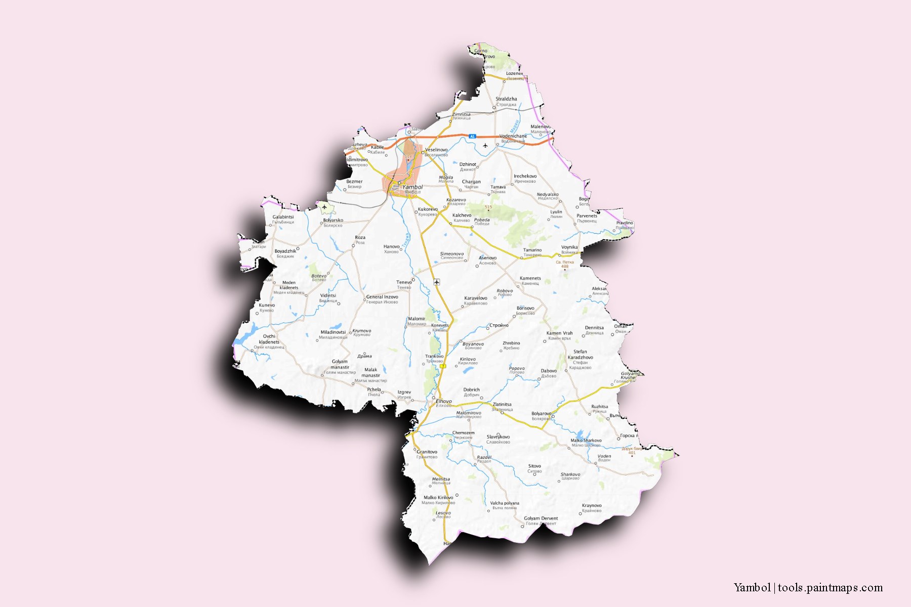 Yambol and counties map with 3D shadow effect