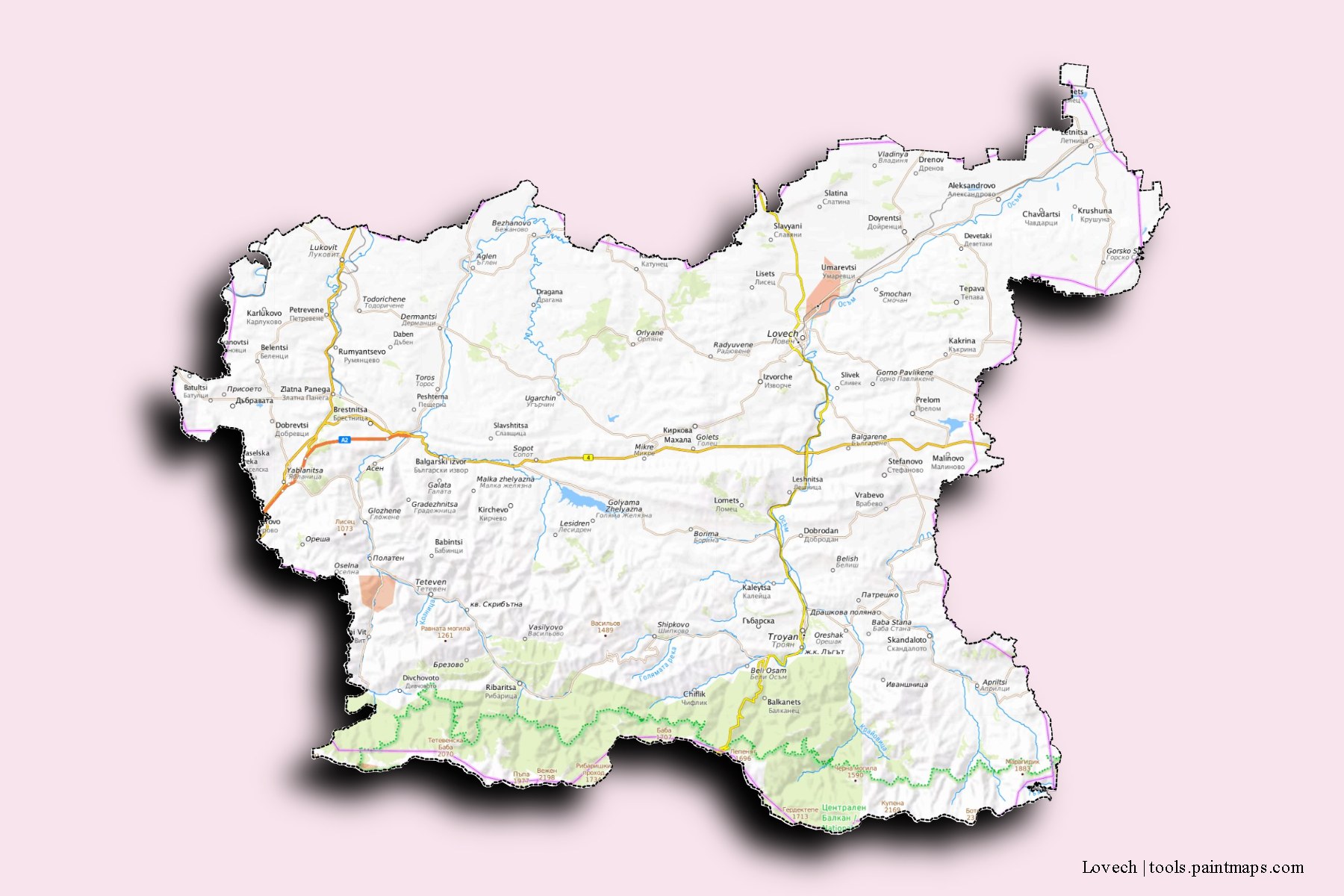 Mapa de Lovech y sus distritos con efecto de sombra 3D