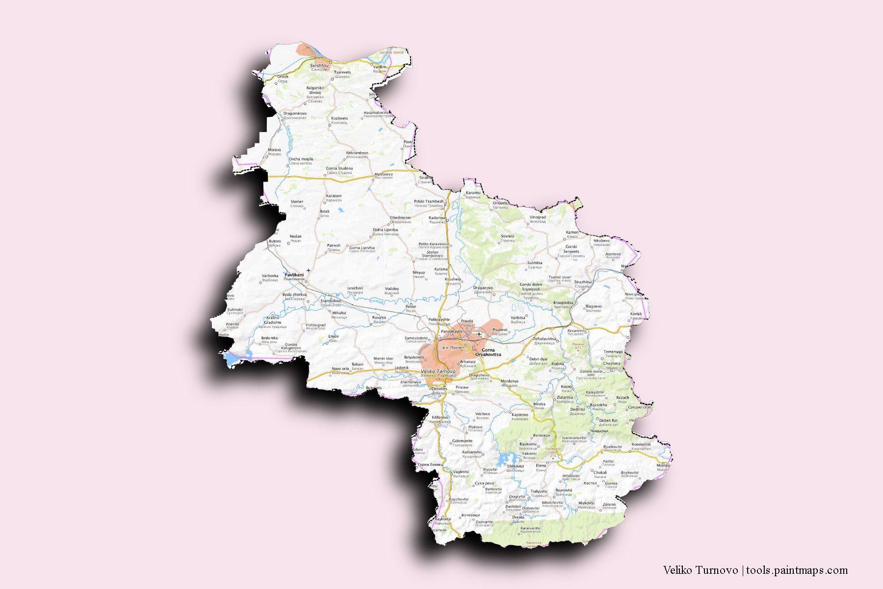 Veliko Turnovo and counties map with 3D shadow effect