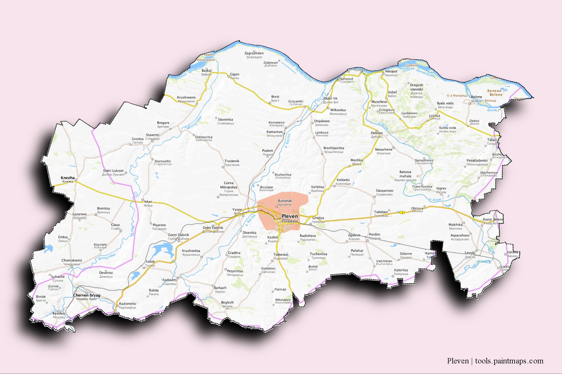 Mapa de Pleven y sus distritos con efecto de sombra 3D