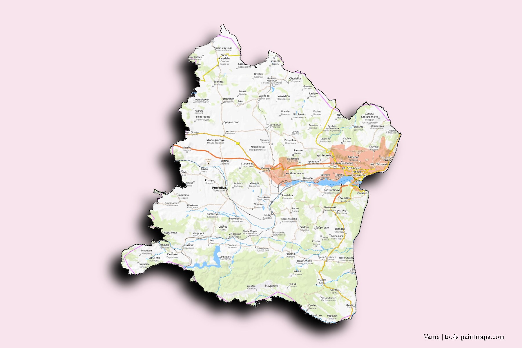 Varna and counties map with 3D shadow effect