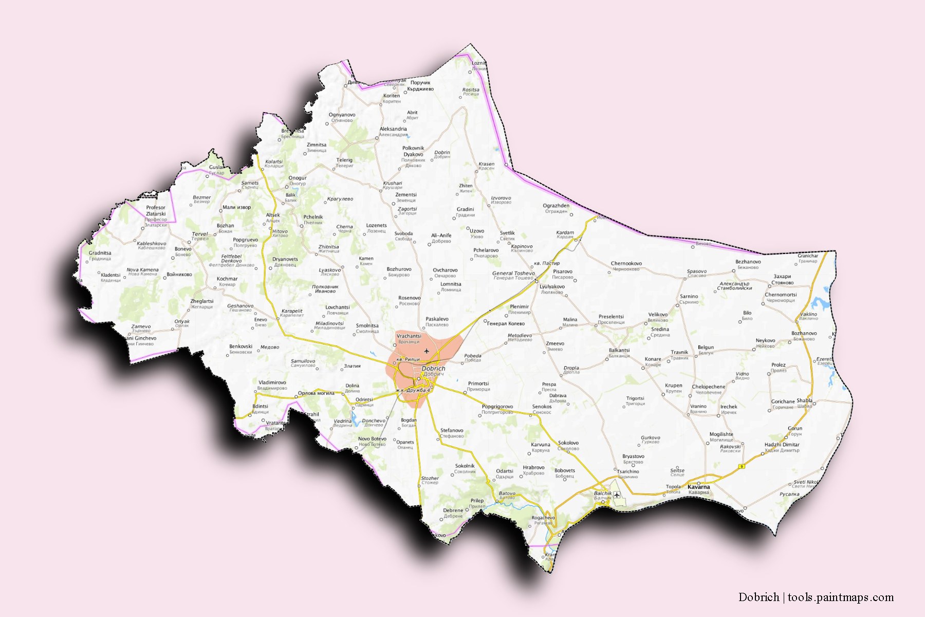 Dobrich and counties map with 3D shadow effect