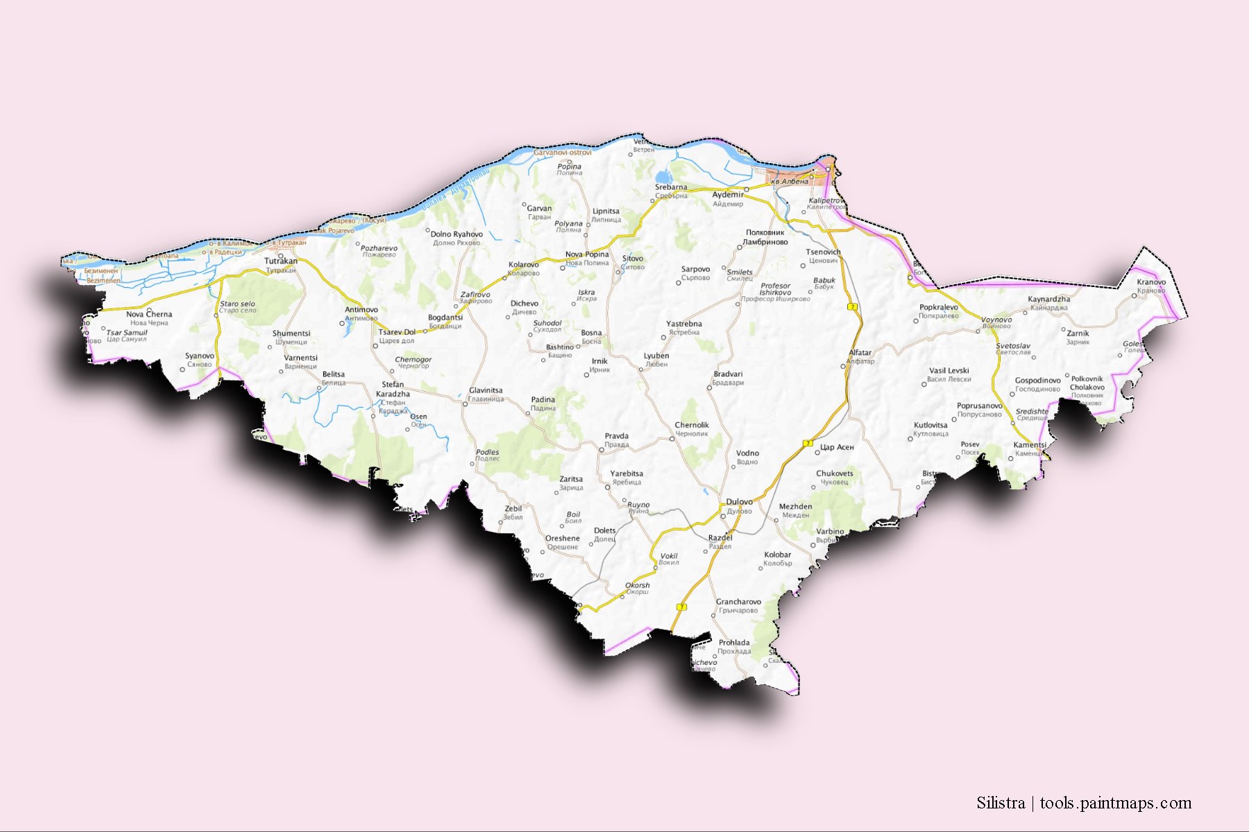 Mapa de Silistra y sus distritos con efecto de sombra 3D