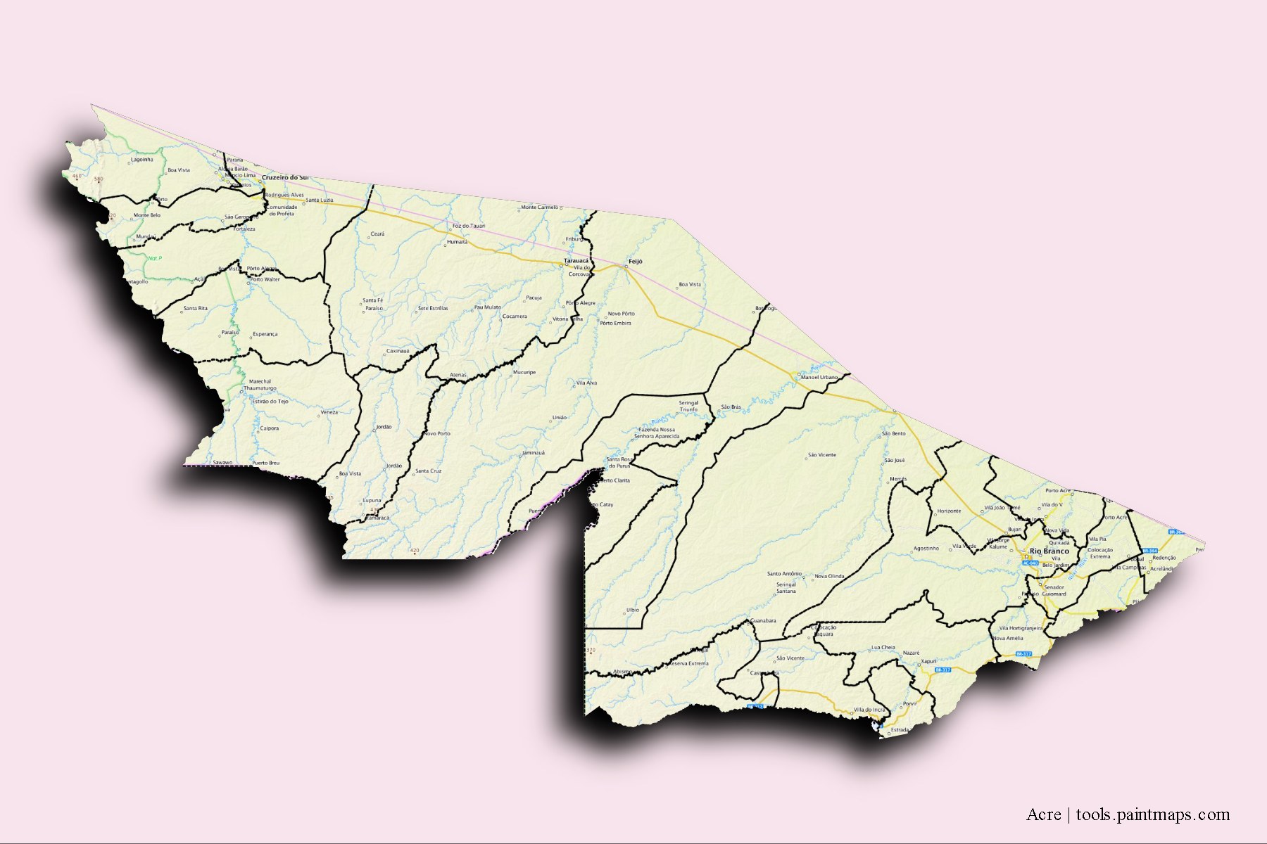 Acre and counties map with 3D shadow effect