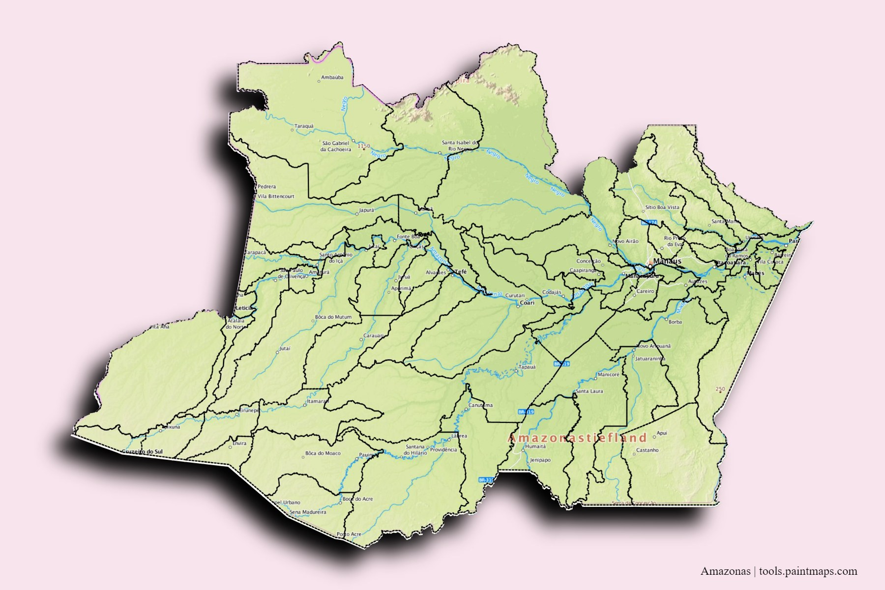 Mapa de Amazonas y sus distritos con efecto de sombra 3D