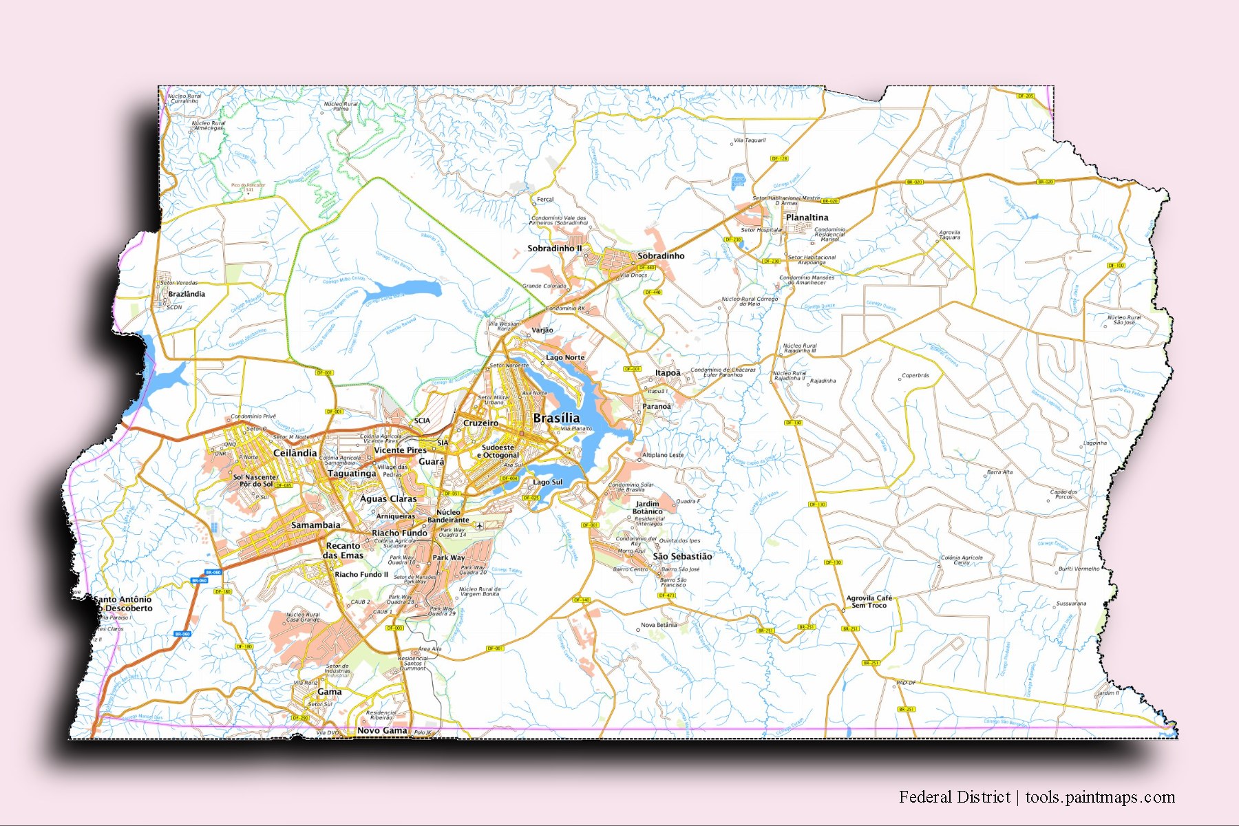 Federal District and counties map with 3D shadow effect