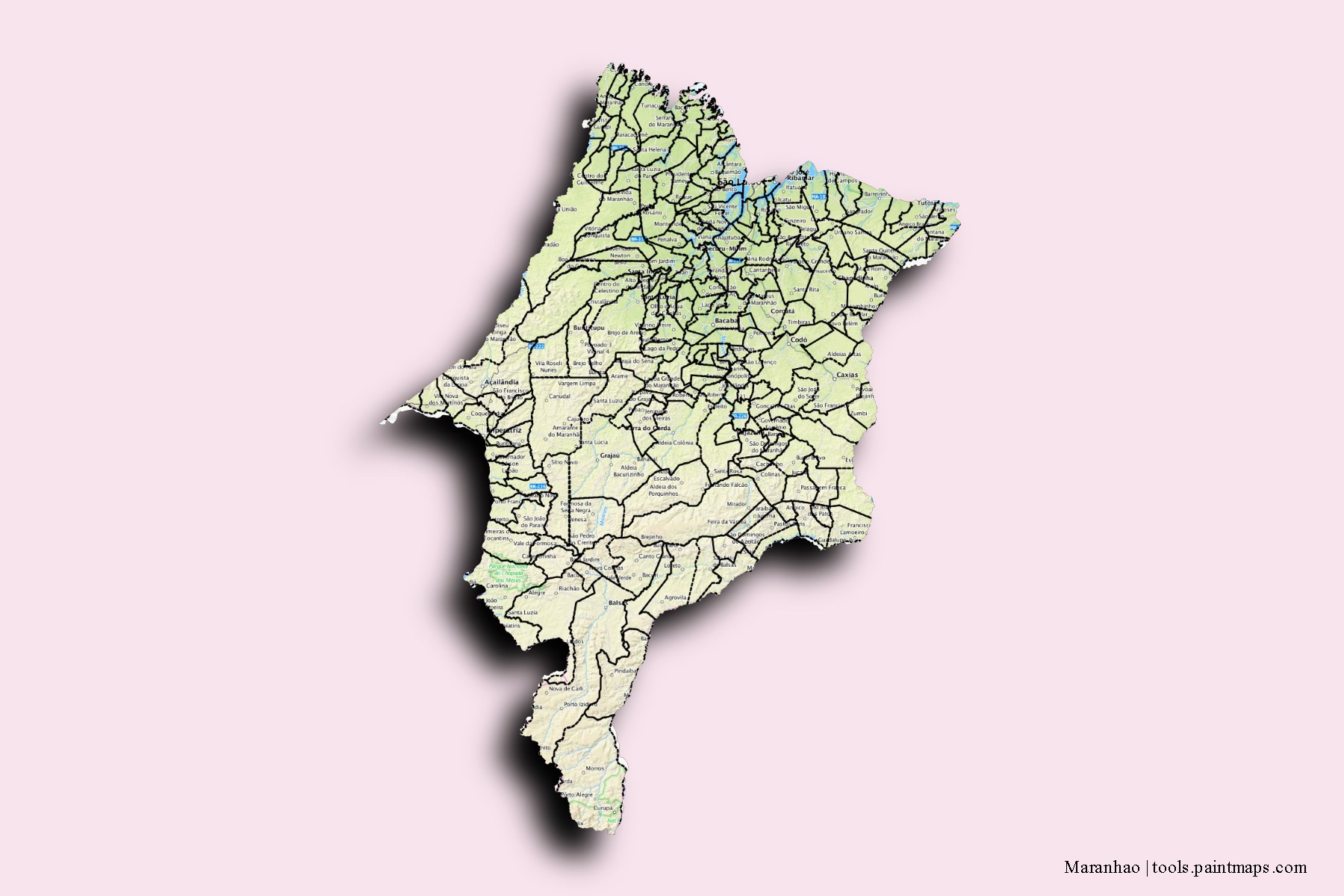 Mapa de Maranhao y sus distritos con efecto de sombra 3D