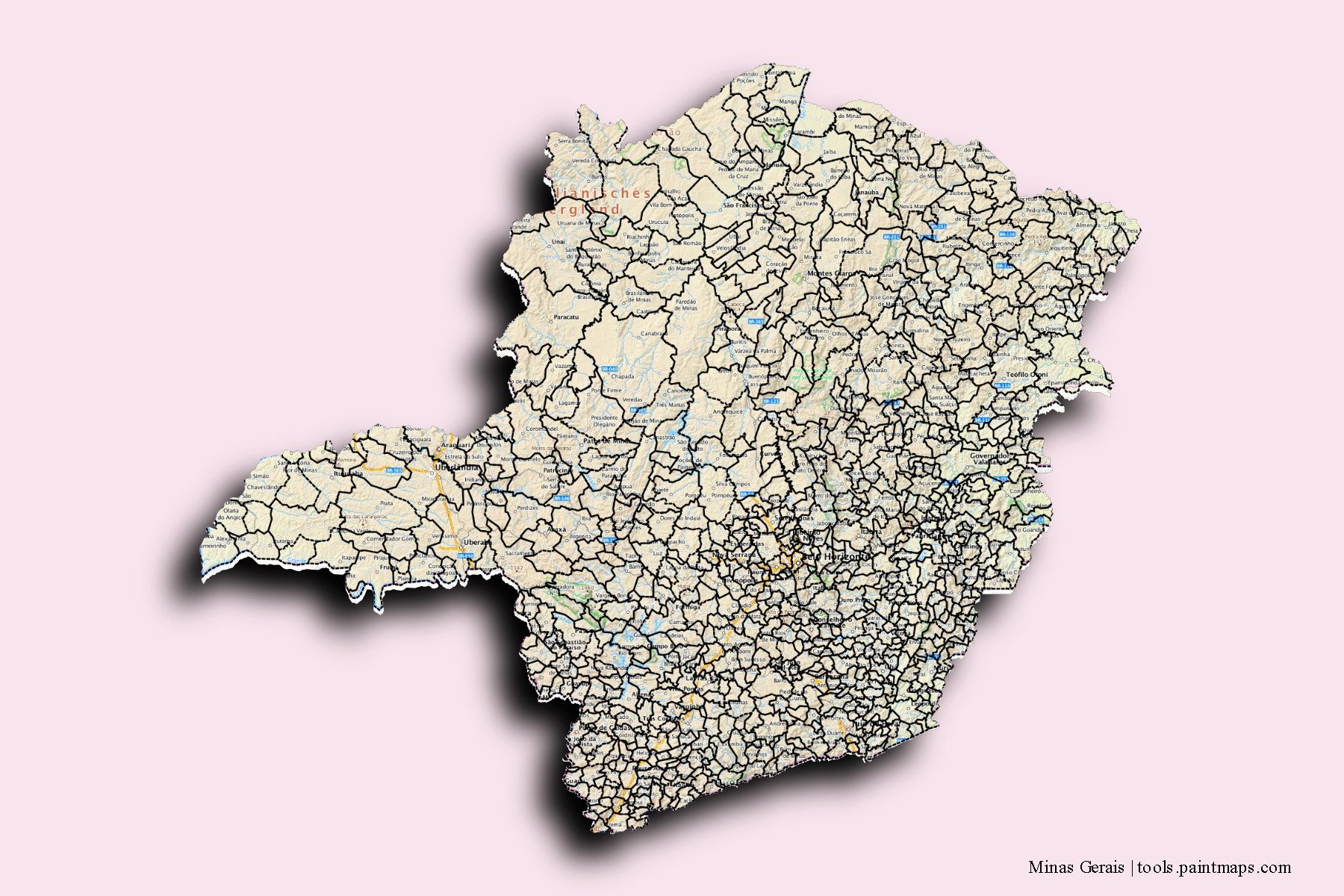 3D gölge efektli Minas Gerais ve ilçeleri haritası